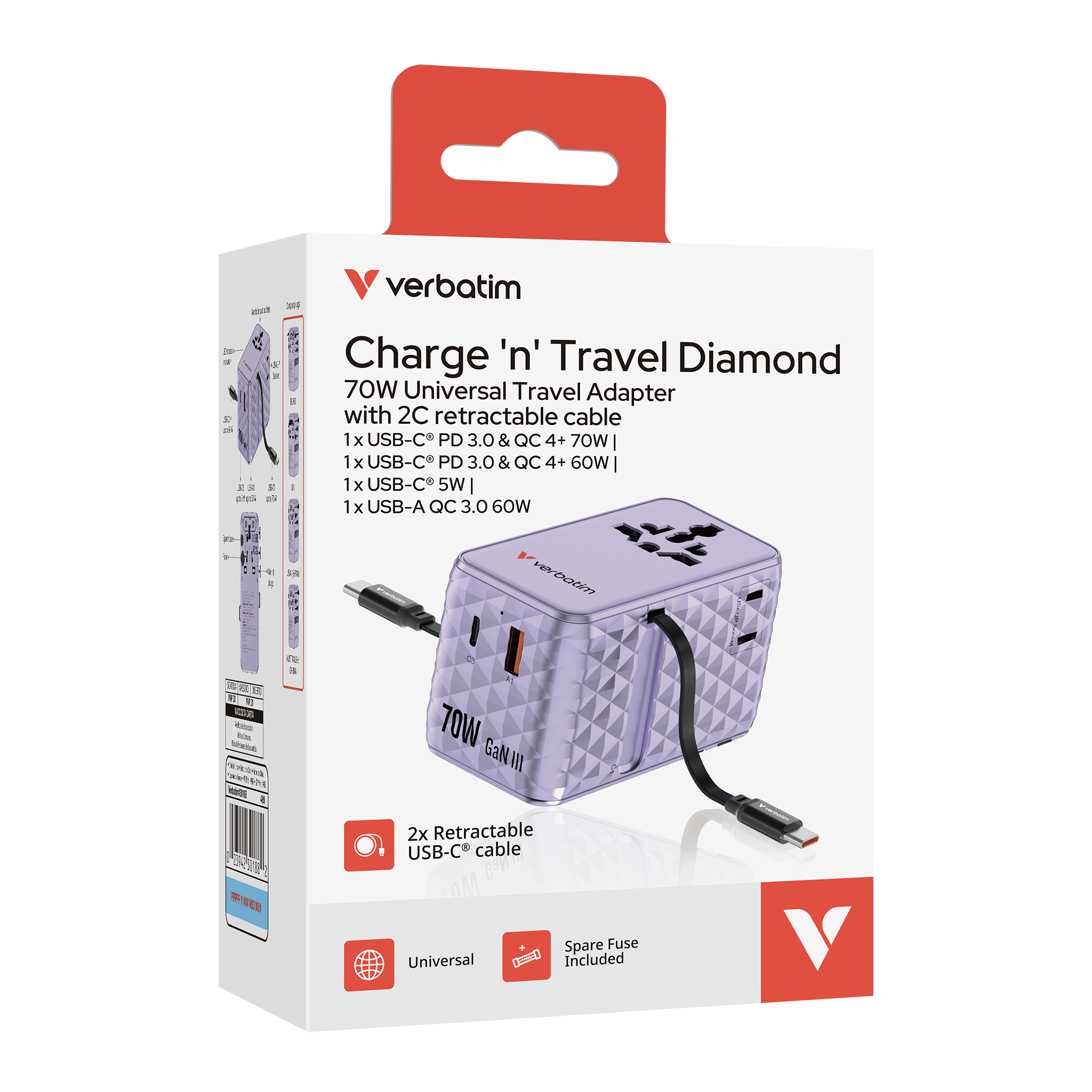 Charge ’n’  Travel  70W 2C retractable Universal Travel Adapter Purple Toissijaiskuva