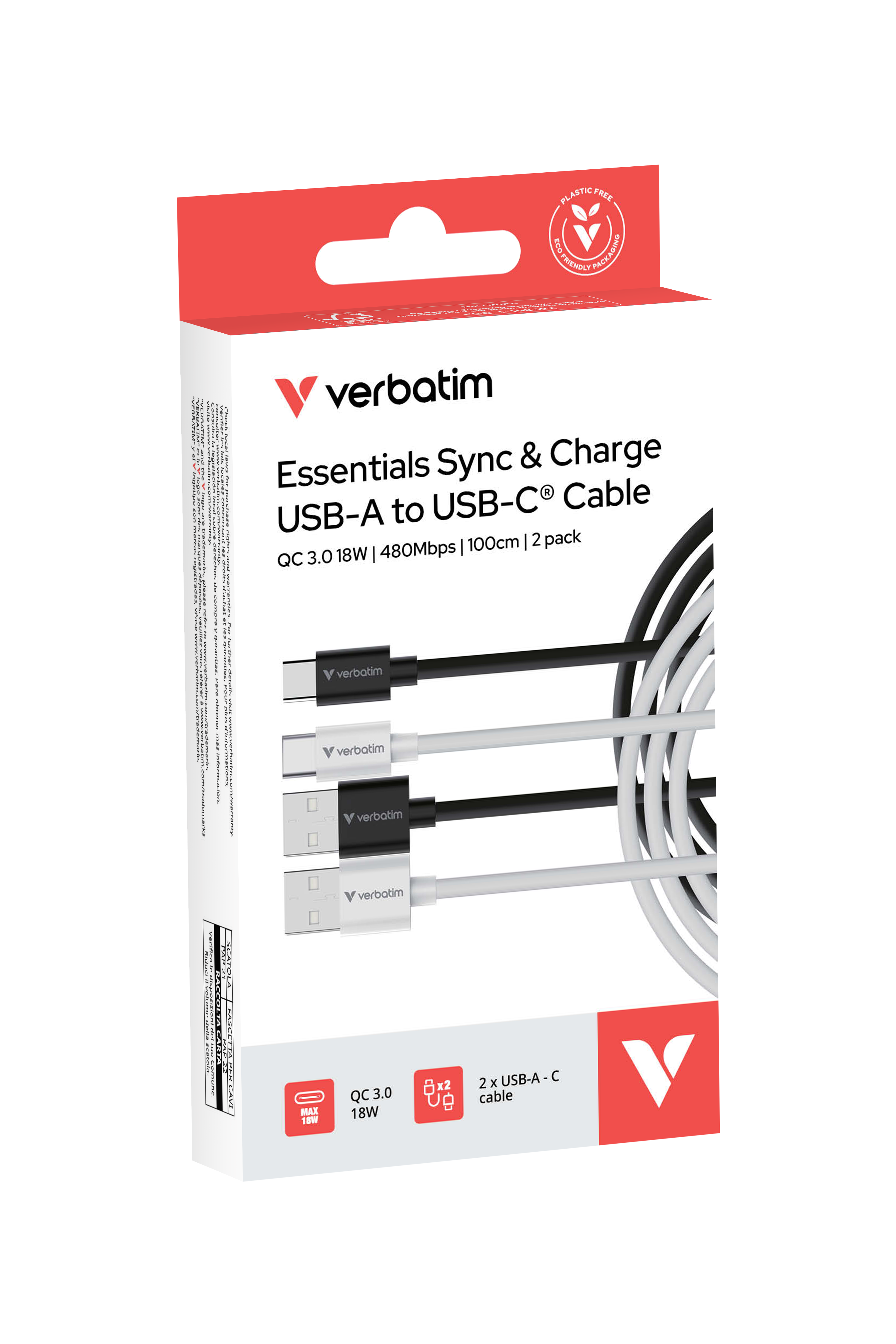 Essentials Sync & Charge USB-A to C Cables 2 pack 1m Black & White Toissijaiskuva