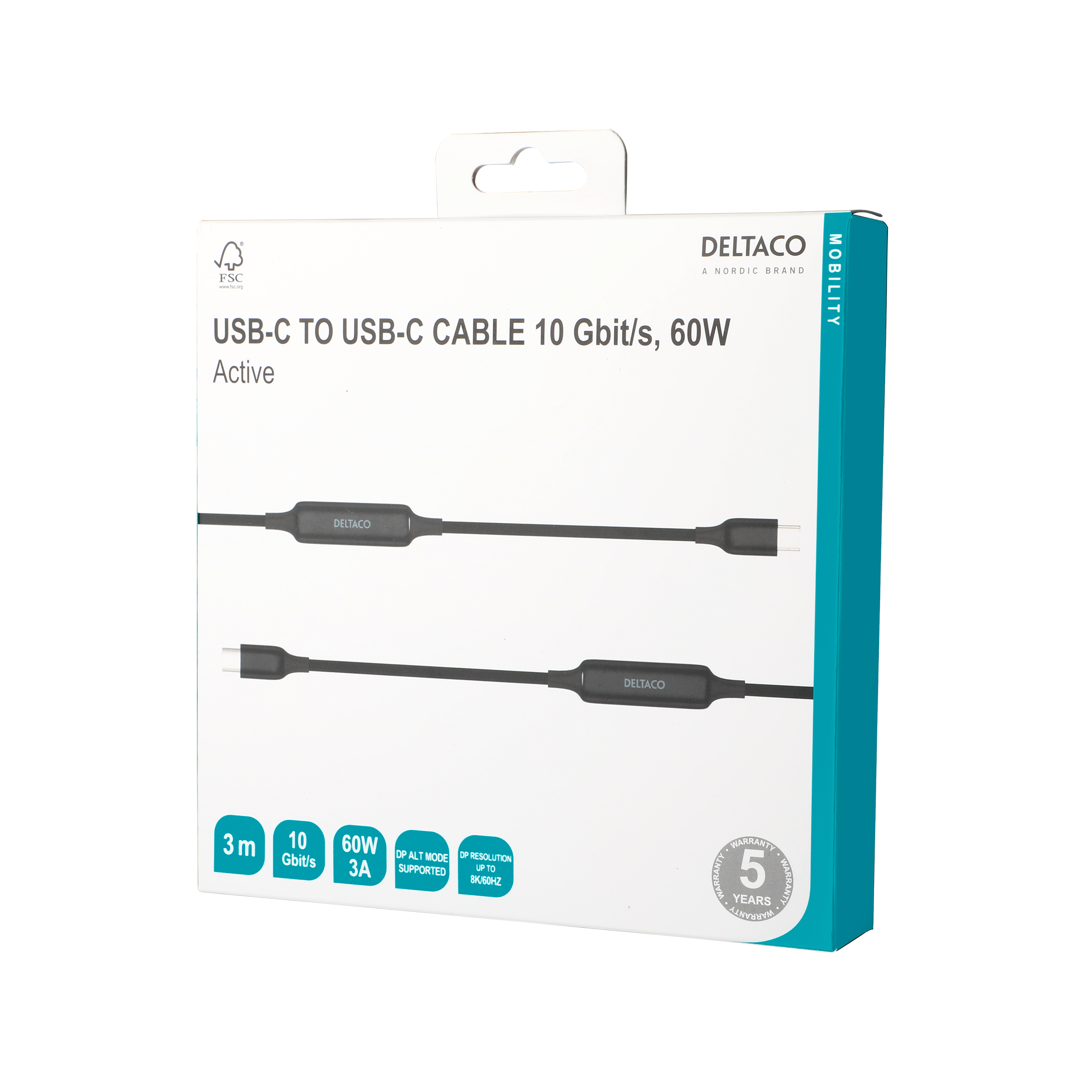 USB-C C-C active cable, 10Gbps, 3A, 3m Toissijaiskuva