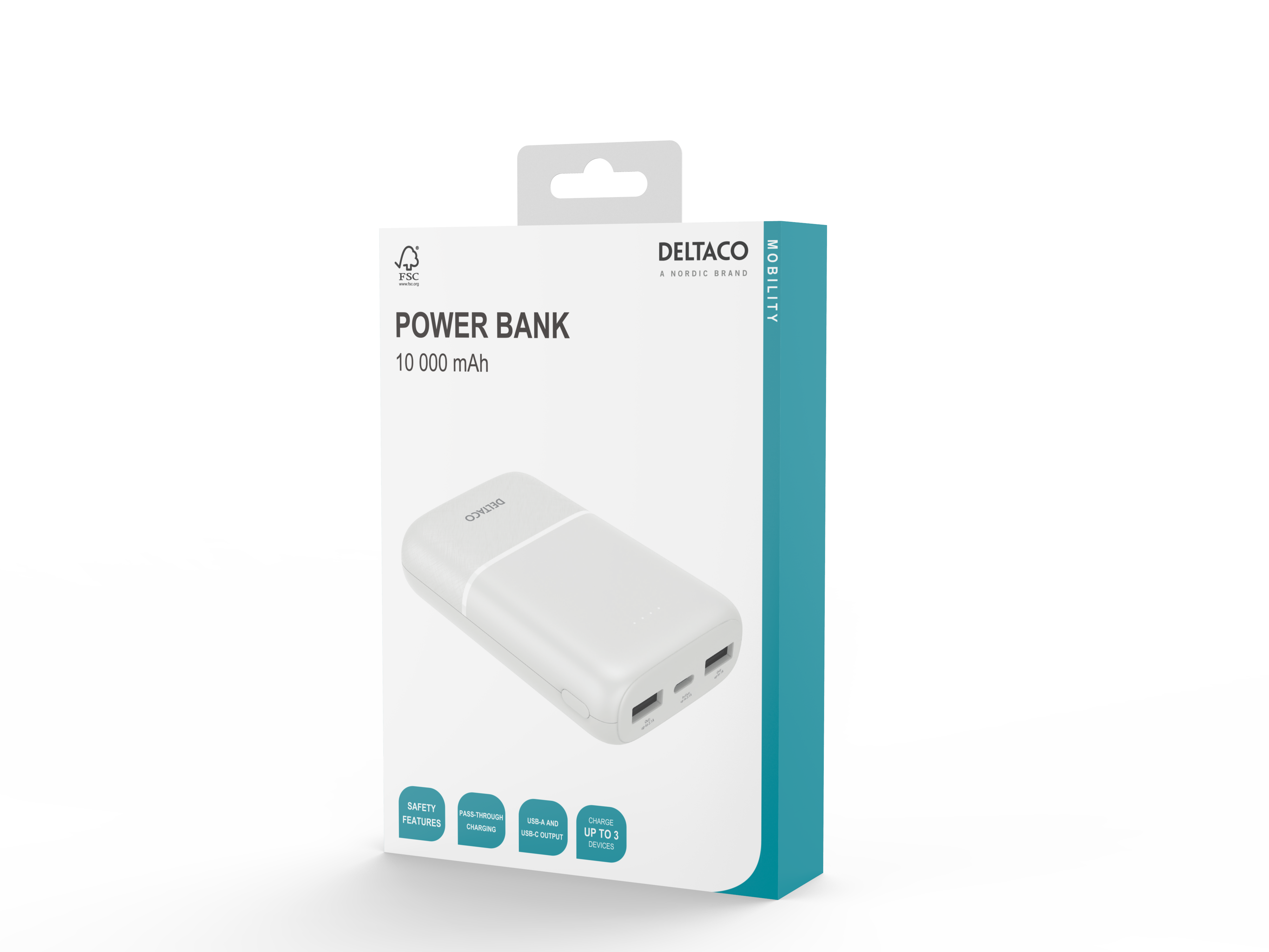 Power bank 10 000 mAh, 2x USB-A, 1x USB-C, white Toissijaiskuva
