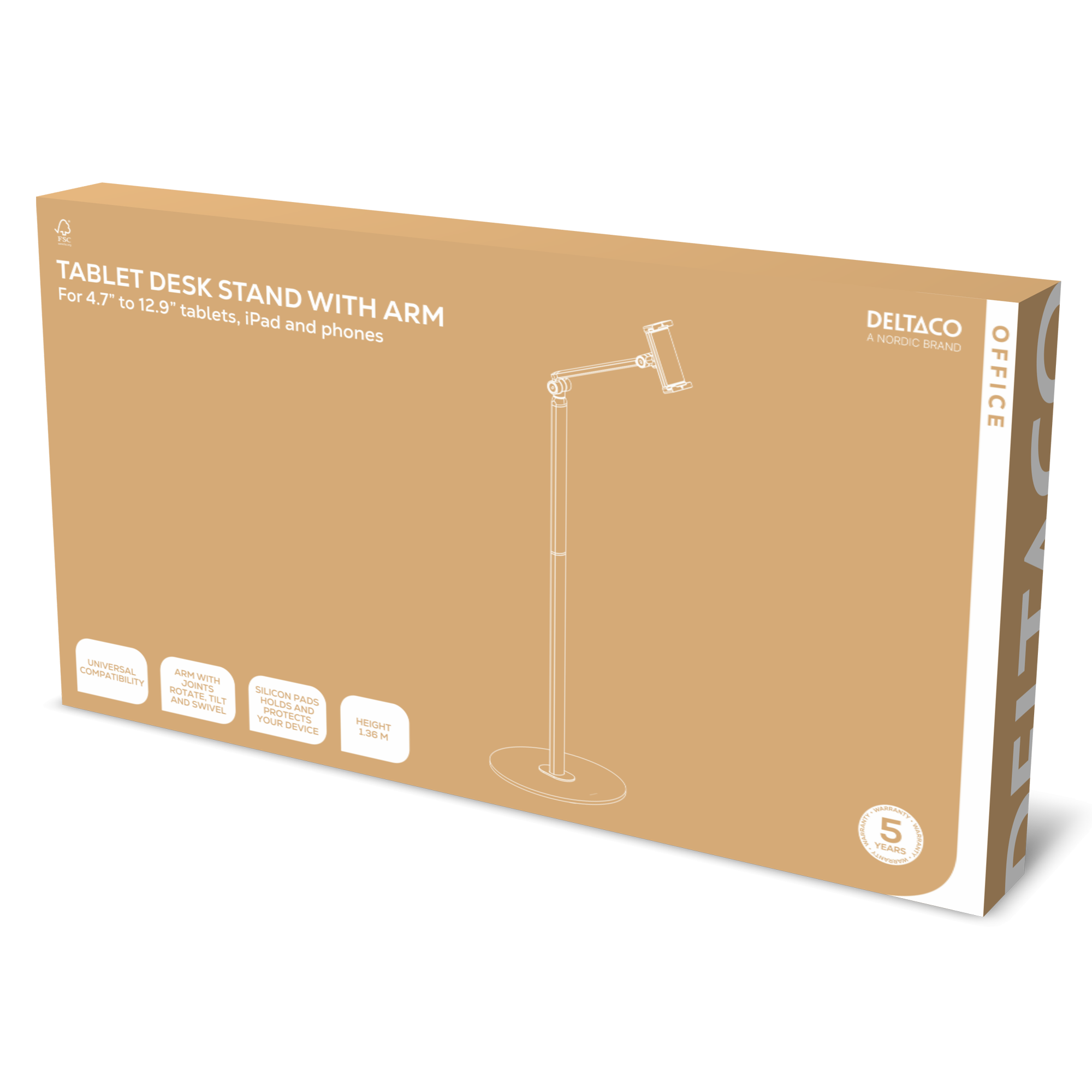 Universal floor stand with adjustable arm, tablets and phones from 4.7 to 12.9", white Toissijaiskuva