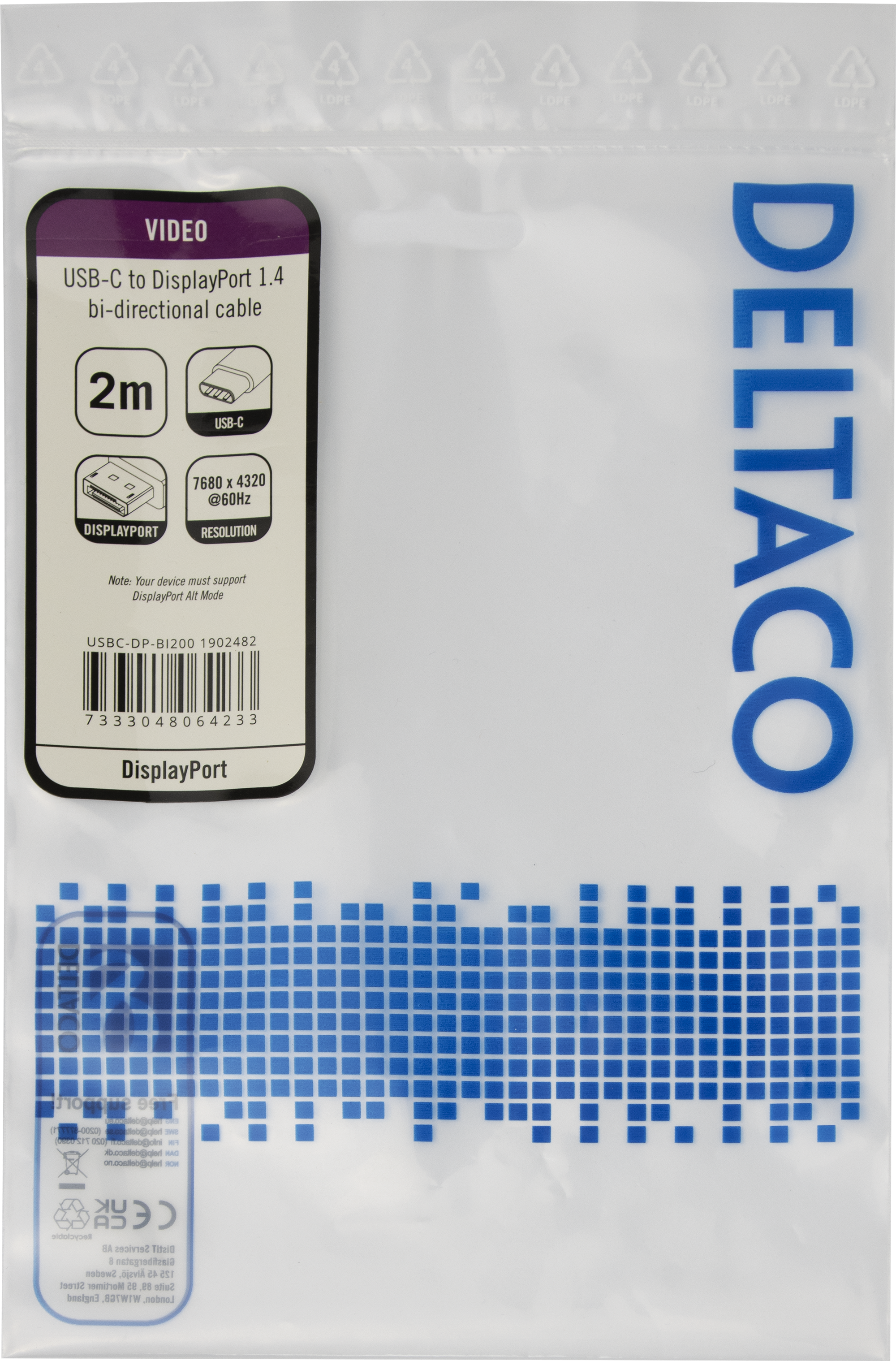 8K USB-C to DisplayPort Bi-directional cable, 7680 x 4320 @ 30Hz, 2m , black Toissijaiskuva