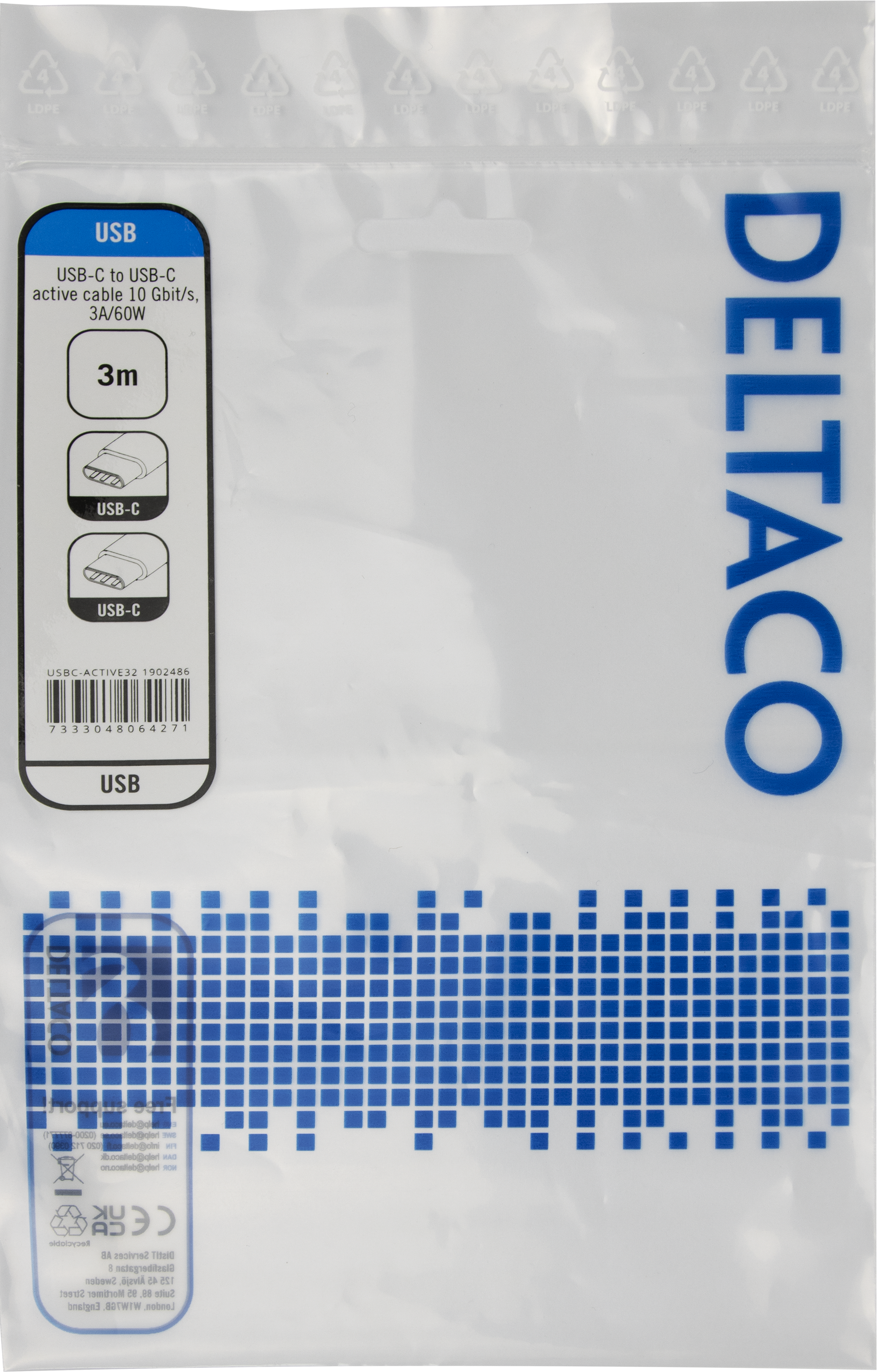 Active USB-C to USB-C cabel with DP-Alt Mode, 10 Gbps, 60W 3A, 8K/30Hz, 3m, black Toissijaiskuva