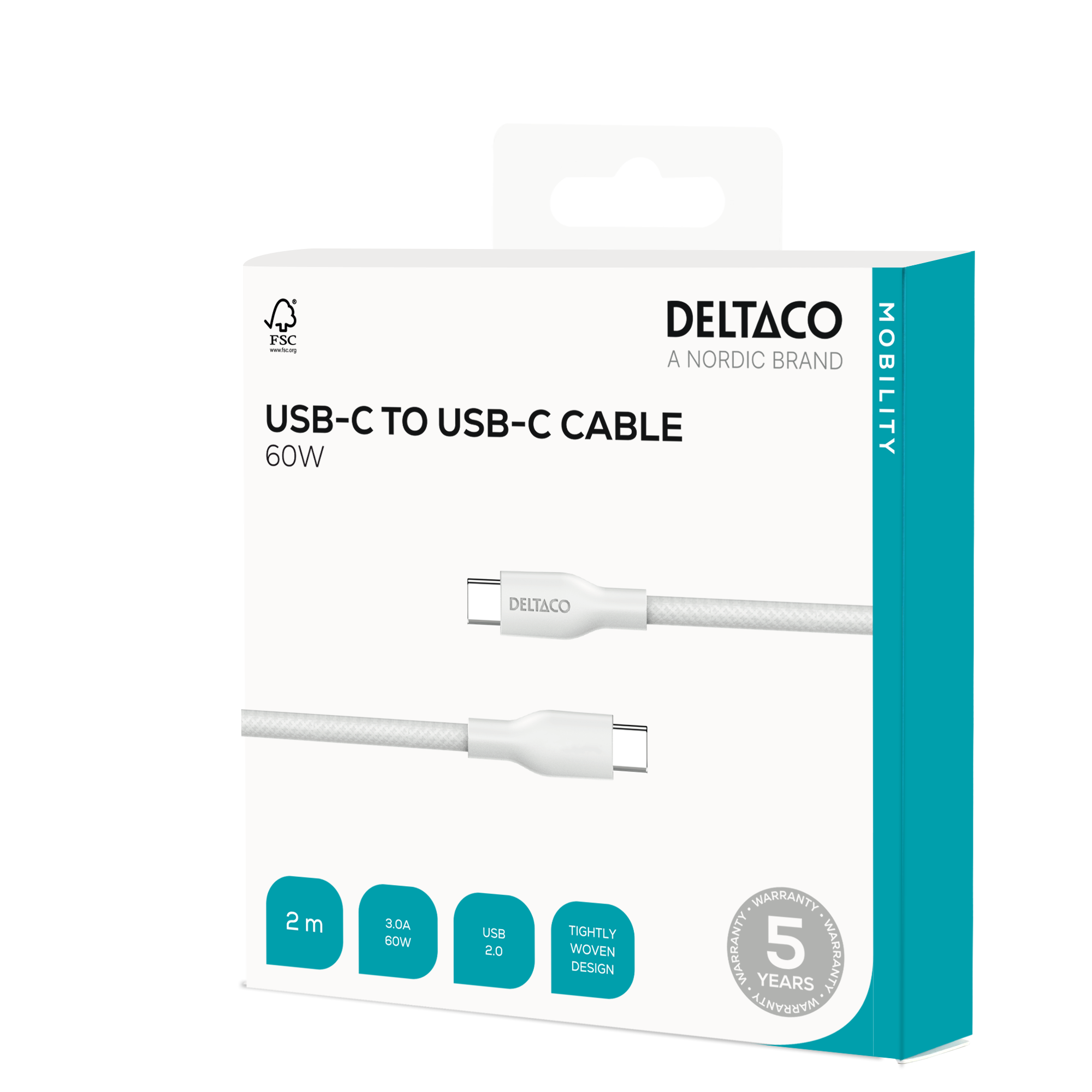 USB-C - USB-C -latausjohto, 60W, 2 m, valkoinen Toissijaiskuva