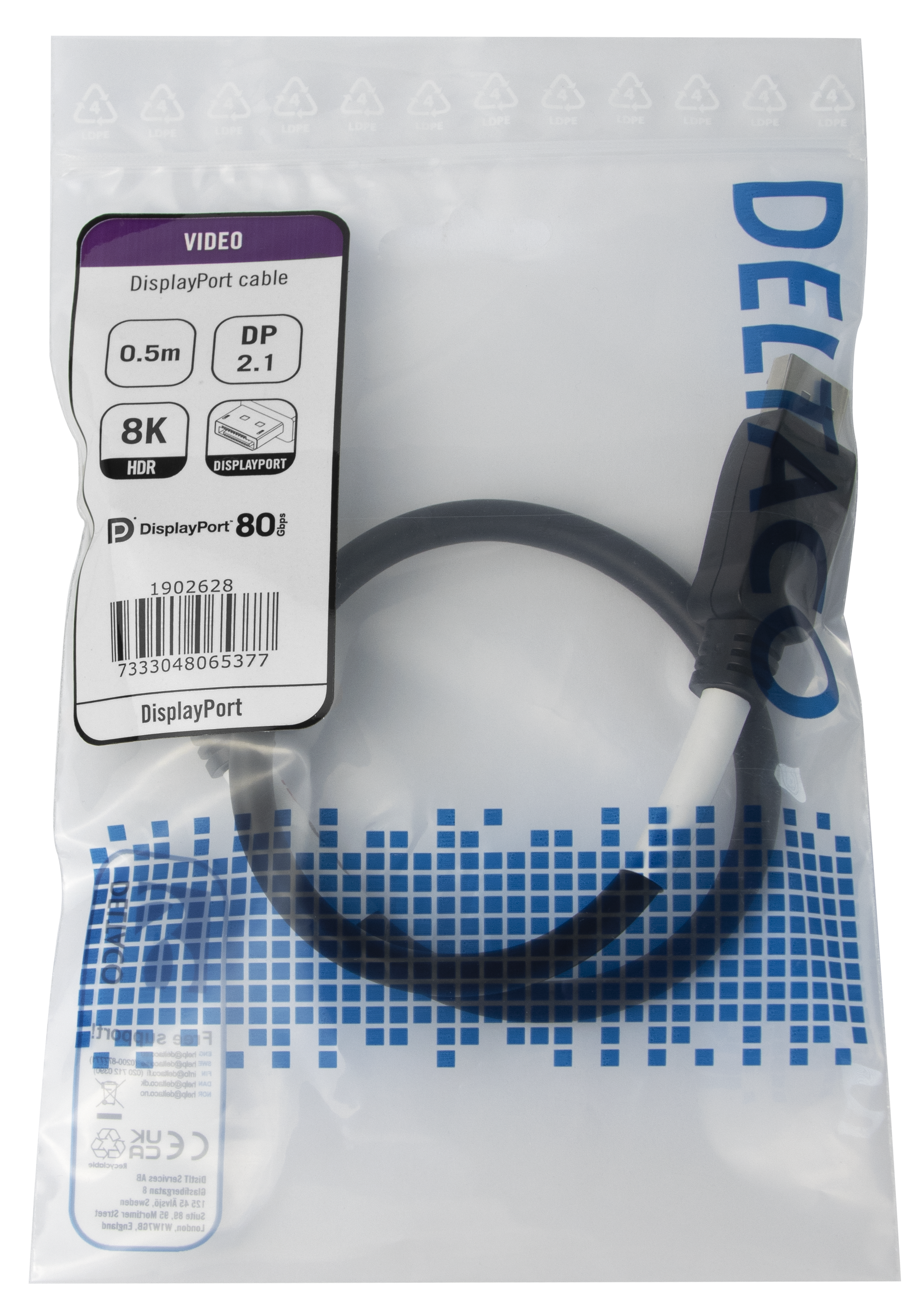 DisplayPort cable, DP 2.1, 8K, DP80, 0,5m, black Toissijaiskuva