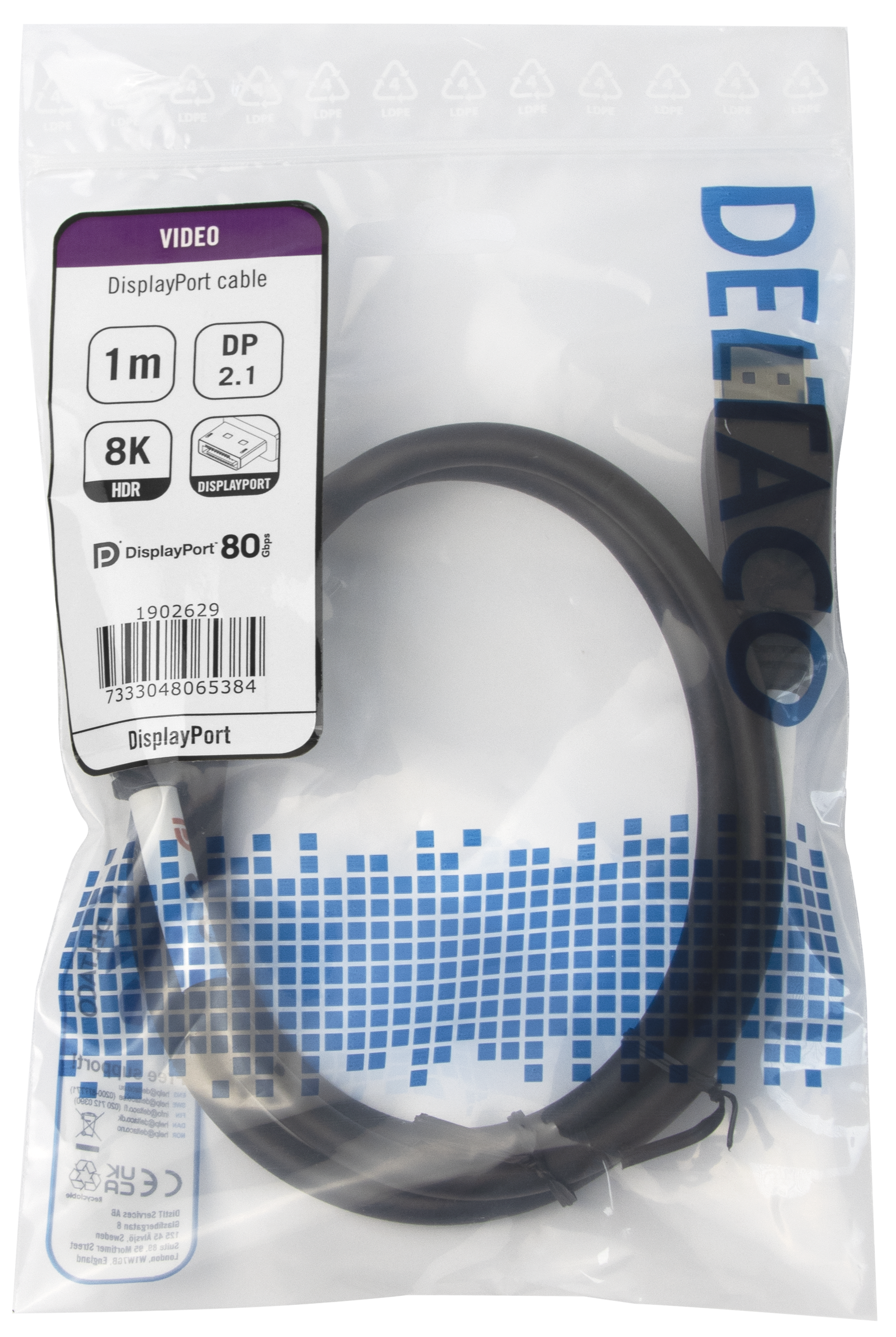 DisplayPort cable, DP 2.1, 8K, DP80, 1m, black Toissijaiskuva