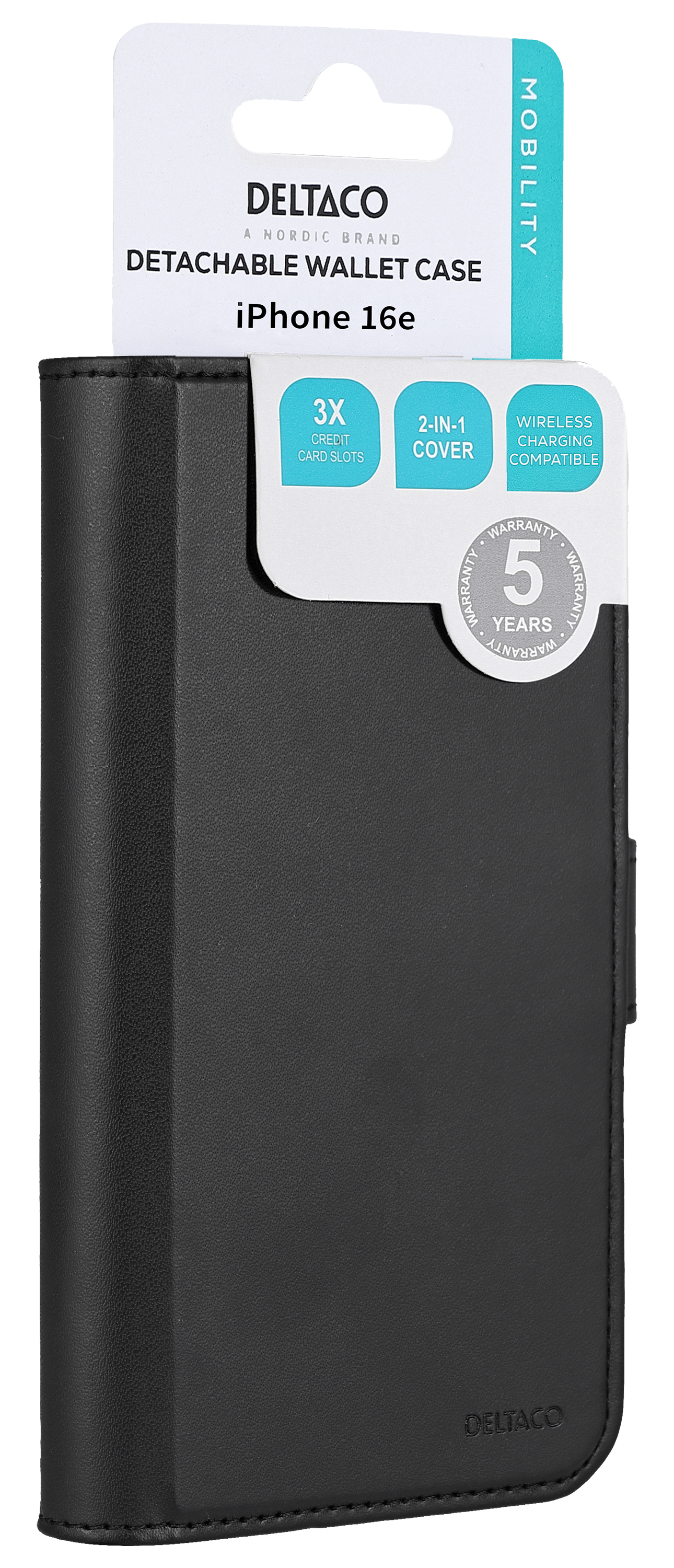 Wallet case, 2-in-1, iPhone 16e, magnetic cover, black Toissijaiskuva