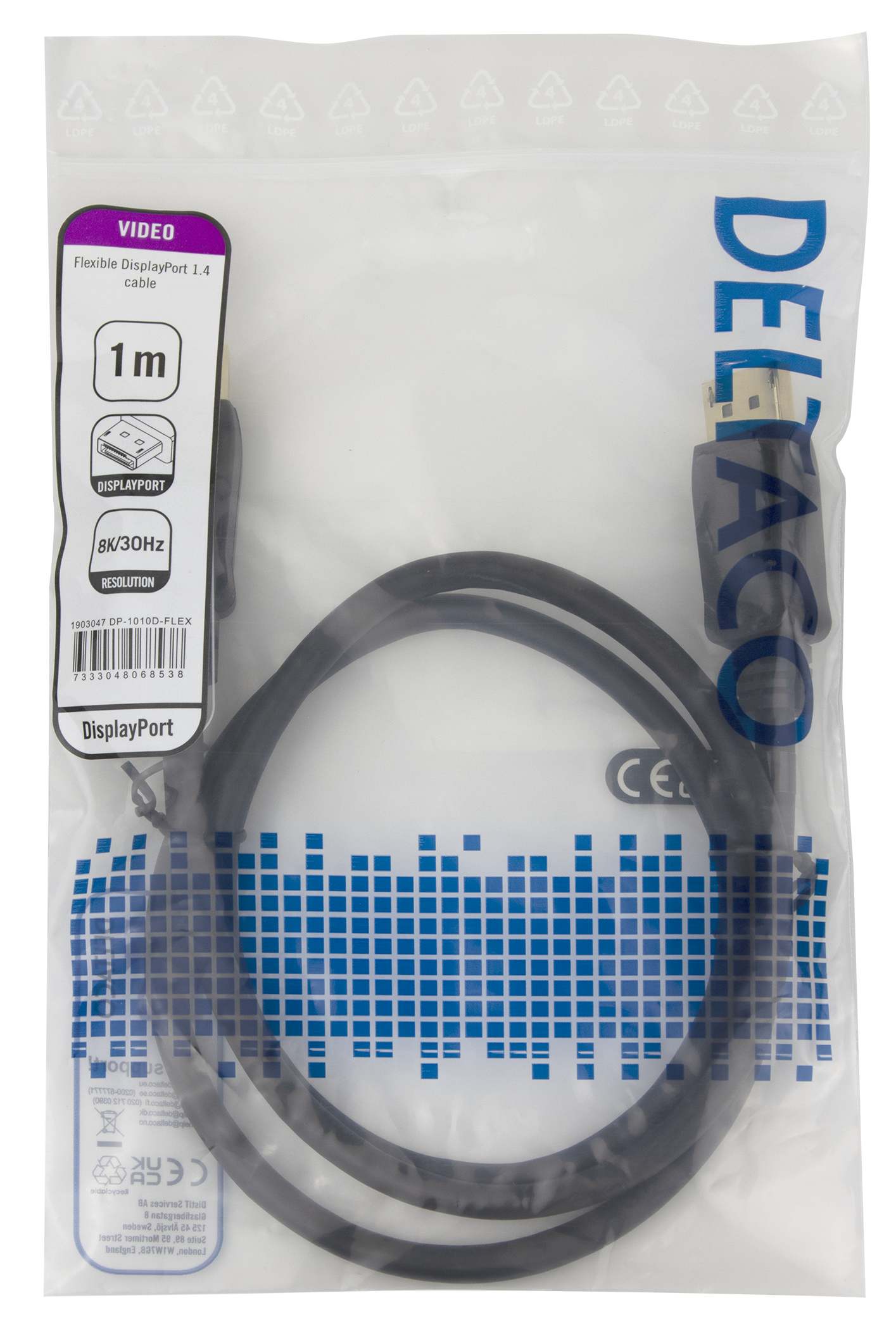 DisplayPort DP1.4 Flex cable, 1M, black Toissijaiskuva