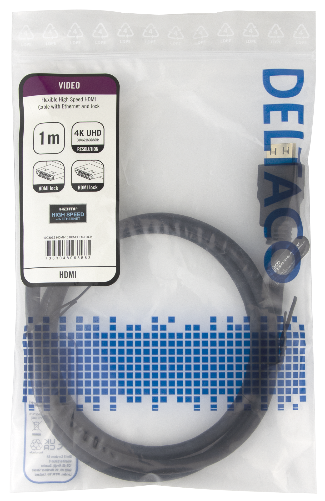 High-Speed Flex HDMI cable, 1M, with lock, 4K UHD, black Toissijaiskuva