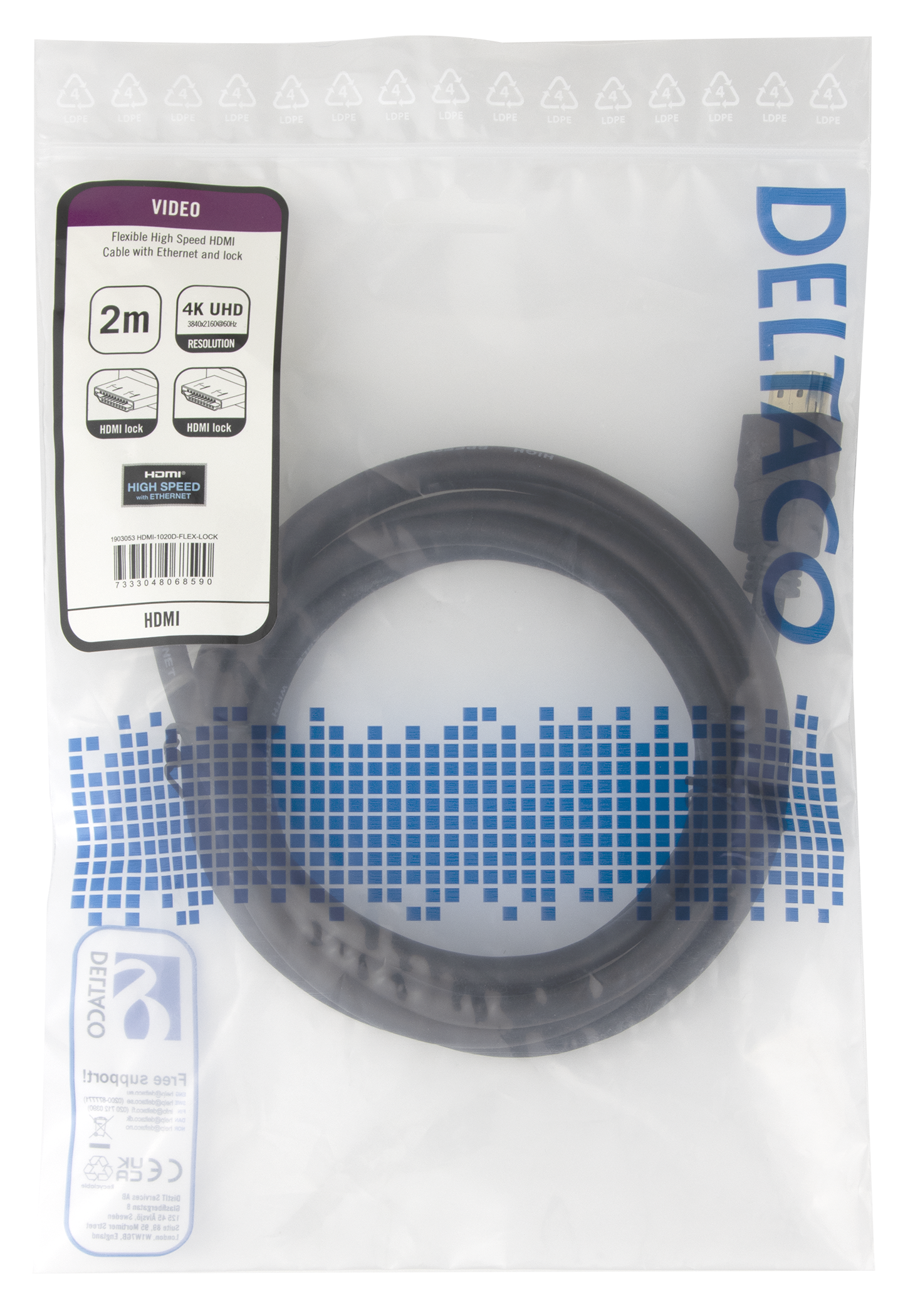 High-Speed Flex HDMI cable, 2M, with lock, 4K UHD, black Toissijaiskuva