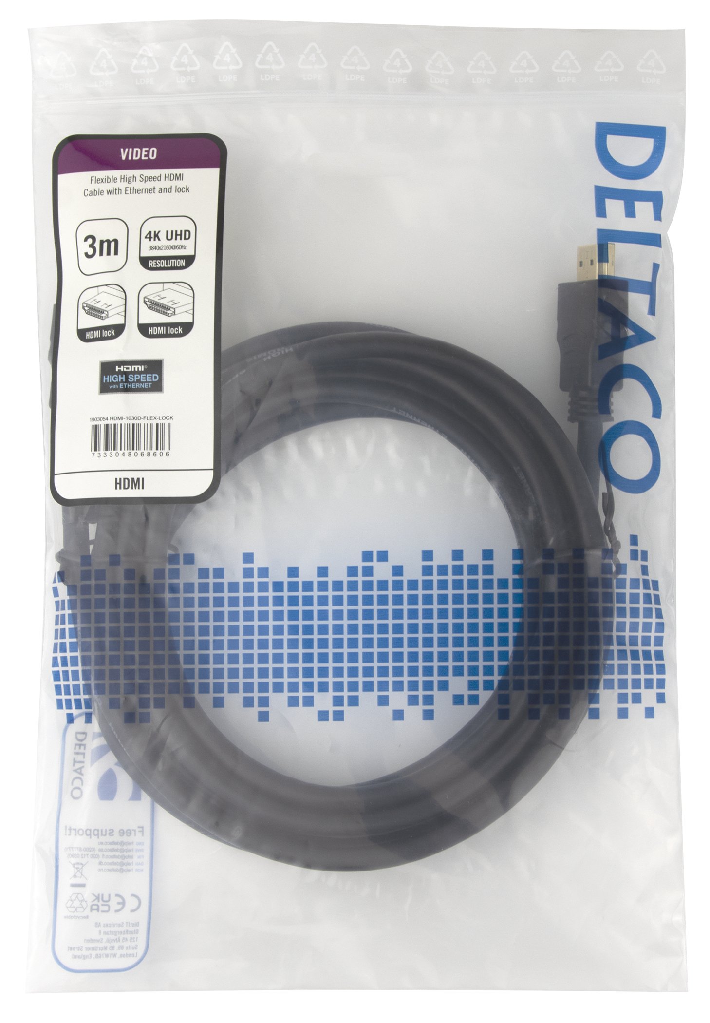 High-Speed Flex HDMI cable, 3M, with lock, 4K UHD, black Toissijaiskuva