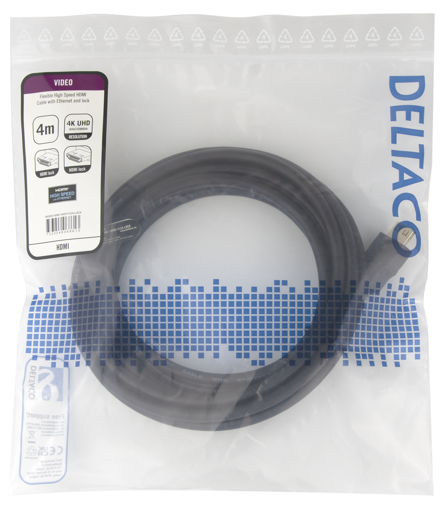 High-Speed Flex HDMI cable, 4M, with lock, 4K UHD, black Toissijaiskuva