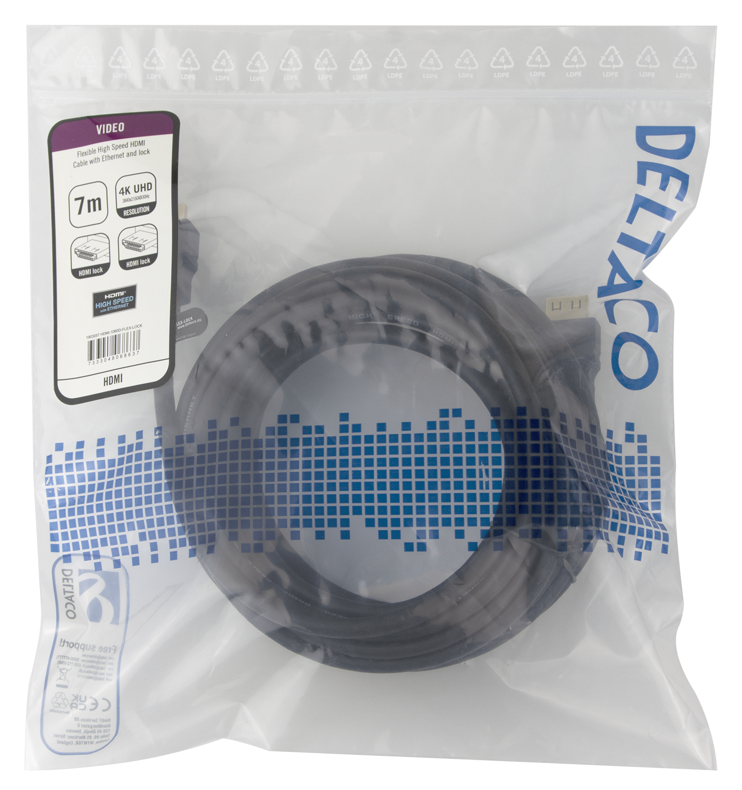 High-Speed Flex HDMI cable, 7M, with lock, 4K/30Hz, black Toissijaiskuva