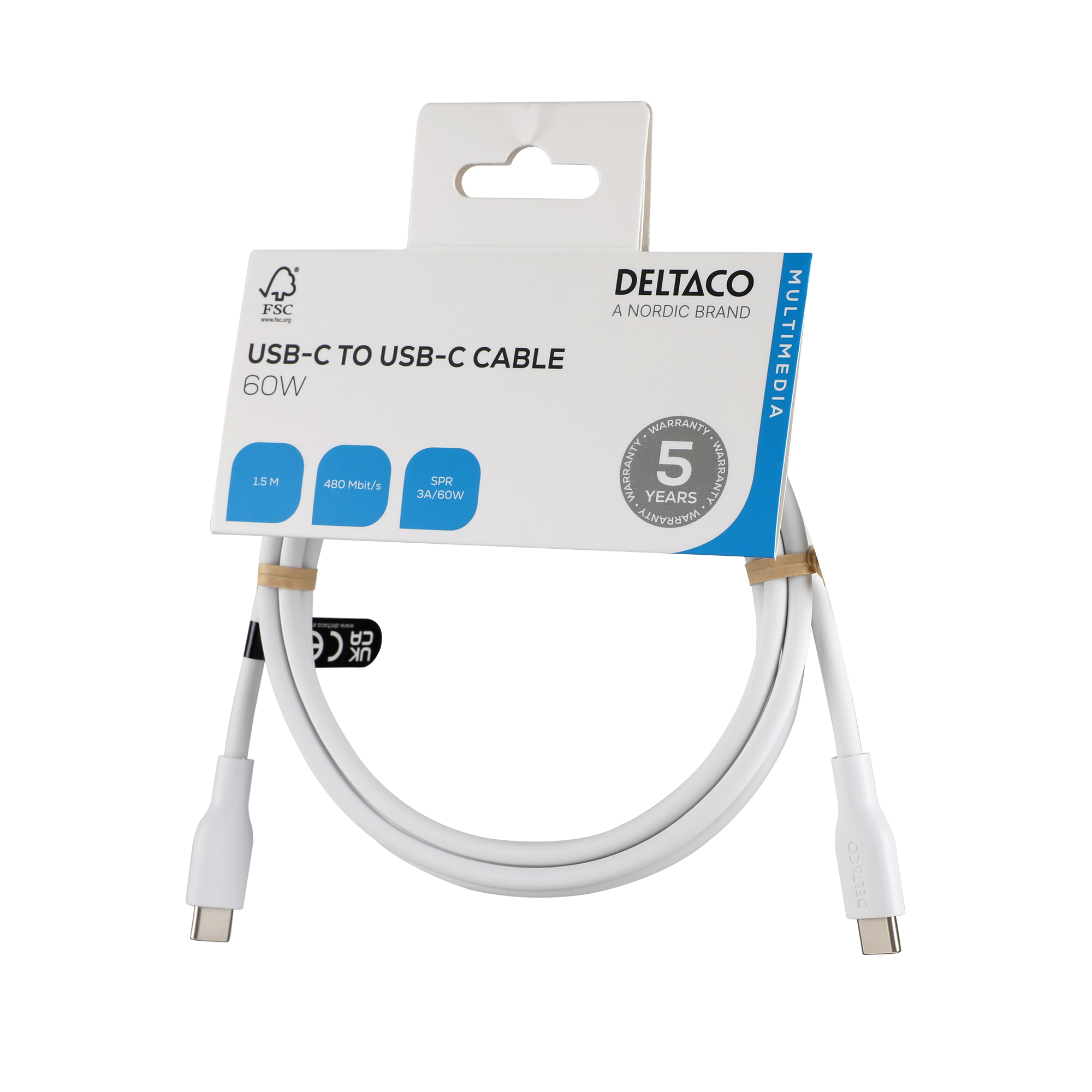 USB-C - C charging cable USB2.0, SPR, silicone, 1,5m, White Toissijaiskuva