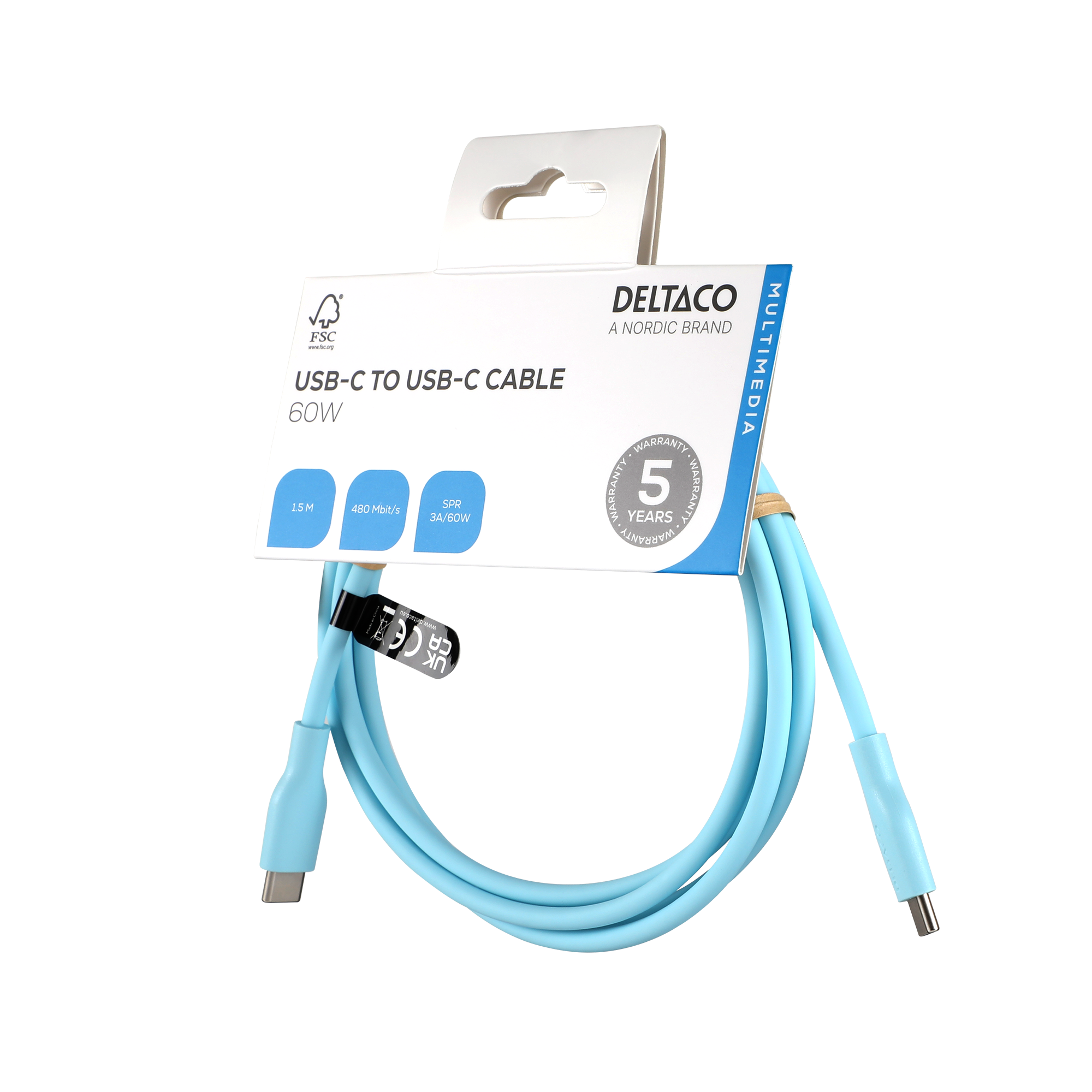 USB-C - C charging cable USB2.0, SPR, silicone, 1,5m, Turquoise Toissijaiskuva