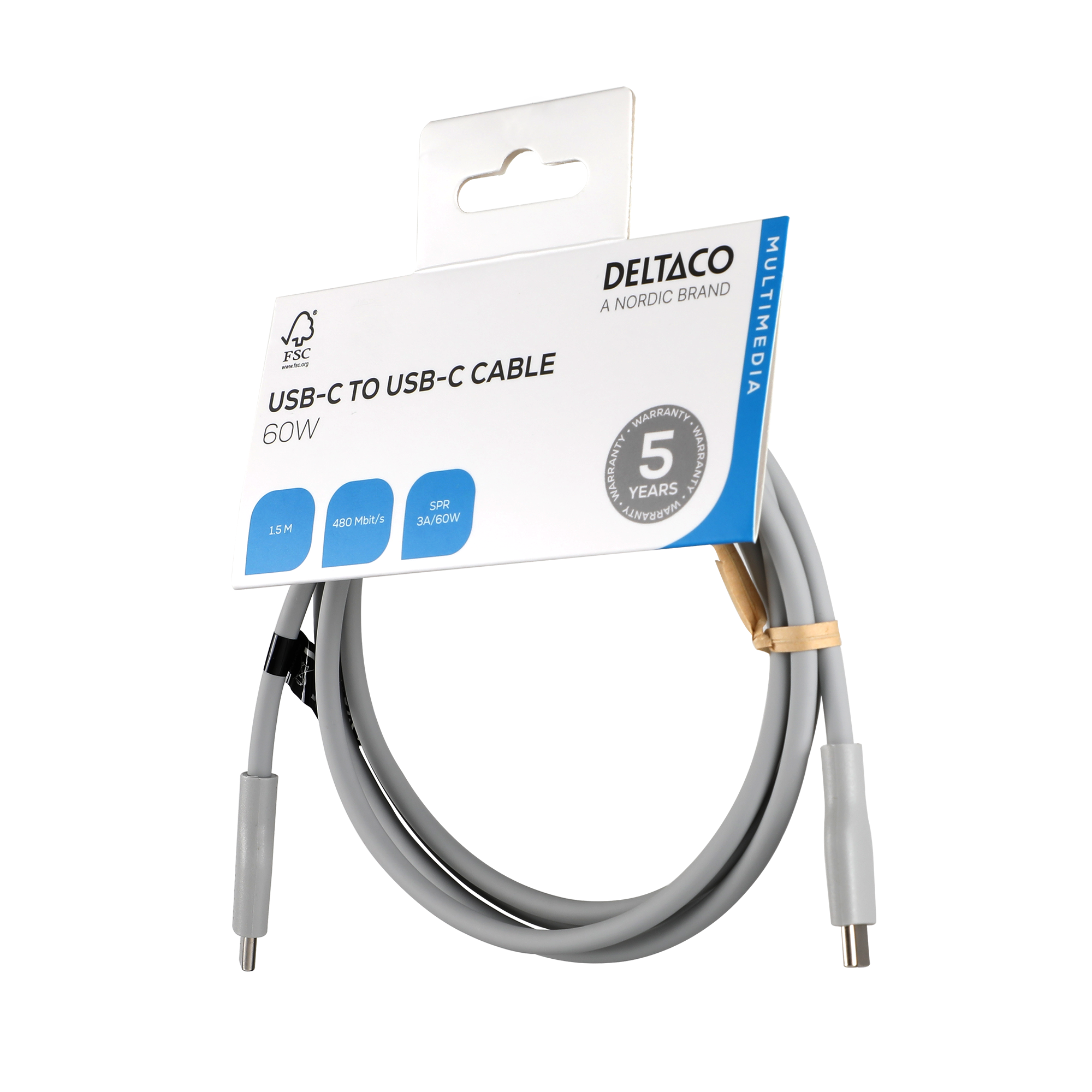USB-C - C charging cable USB2.0, SPR, silicone, 1,5m, Grey Toissijaiskuva