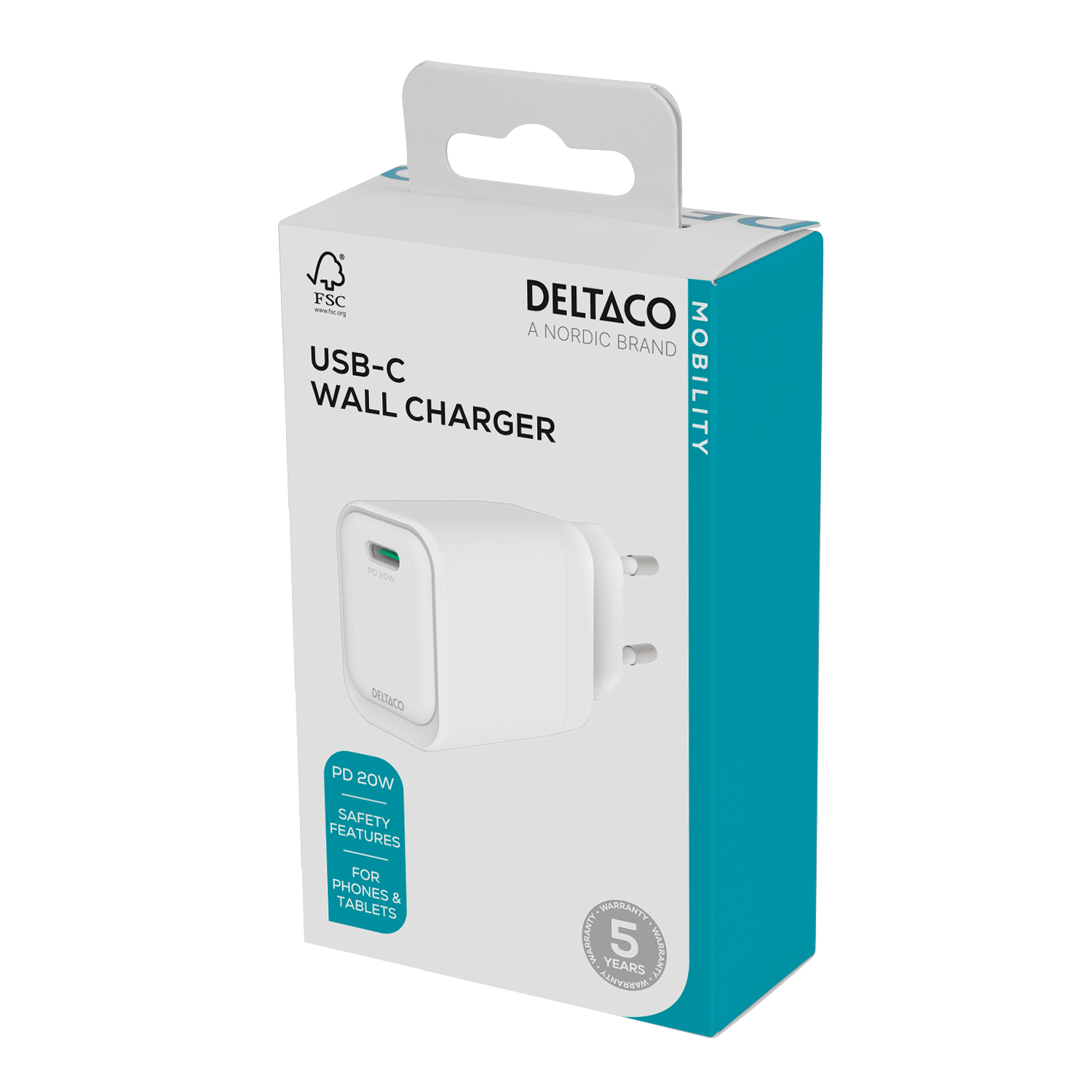 USB-C wall charger, 1x USB-C PD, 20 W, white Toissijaiskuva
