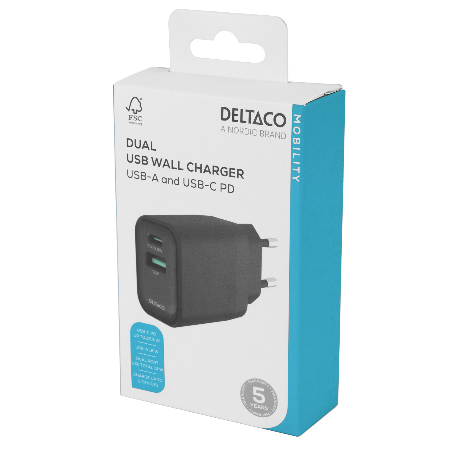 USB wall charger, 1x USB-A 18 W, 1x USB-C PD 20 W, black Toissijaiskuva