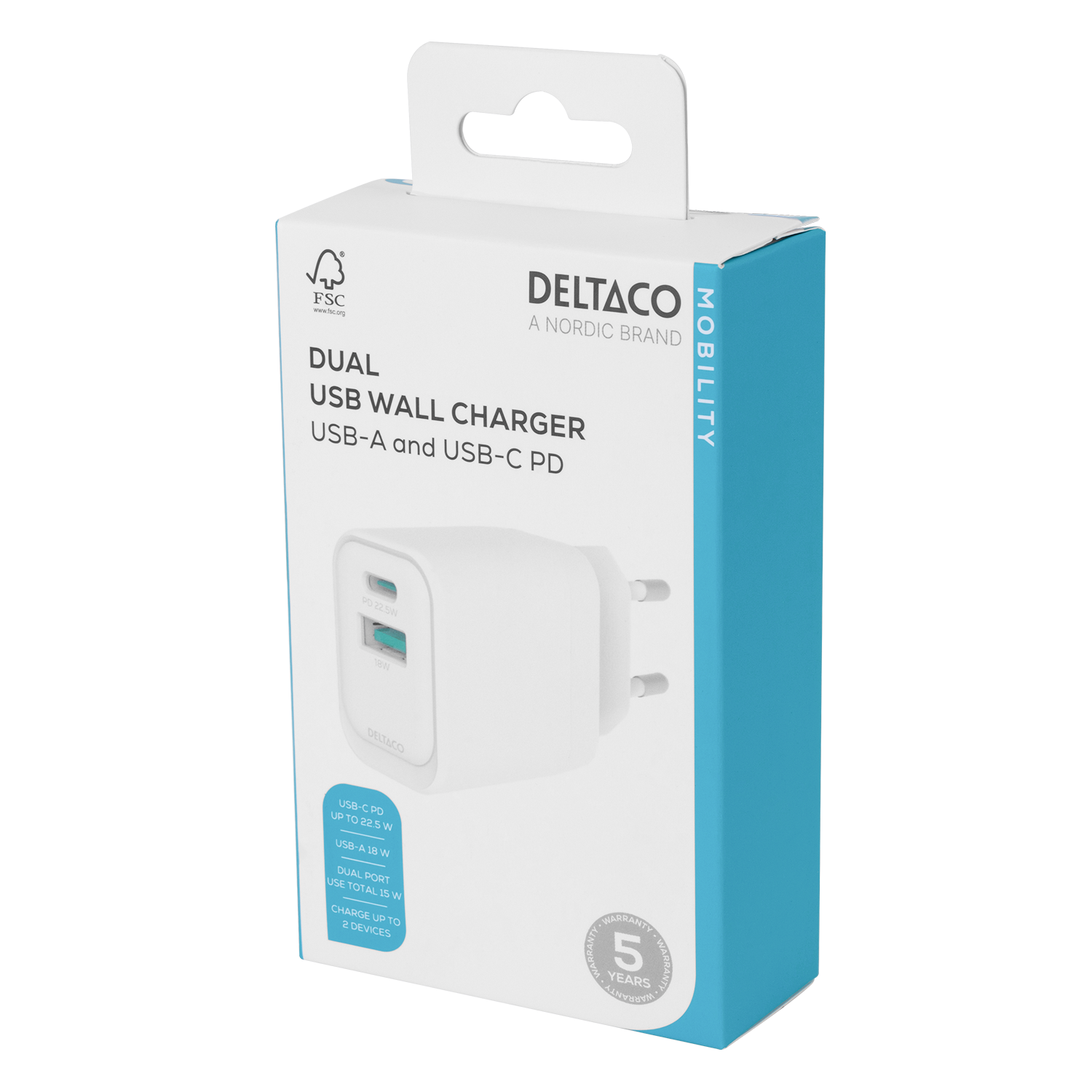 USB wall charger, 1x USB-A 18 W, 1x USB-C PD 20 W, white Toissijaiskuva