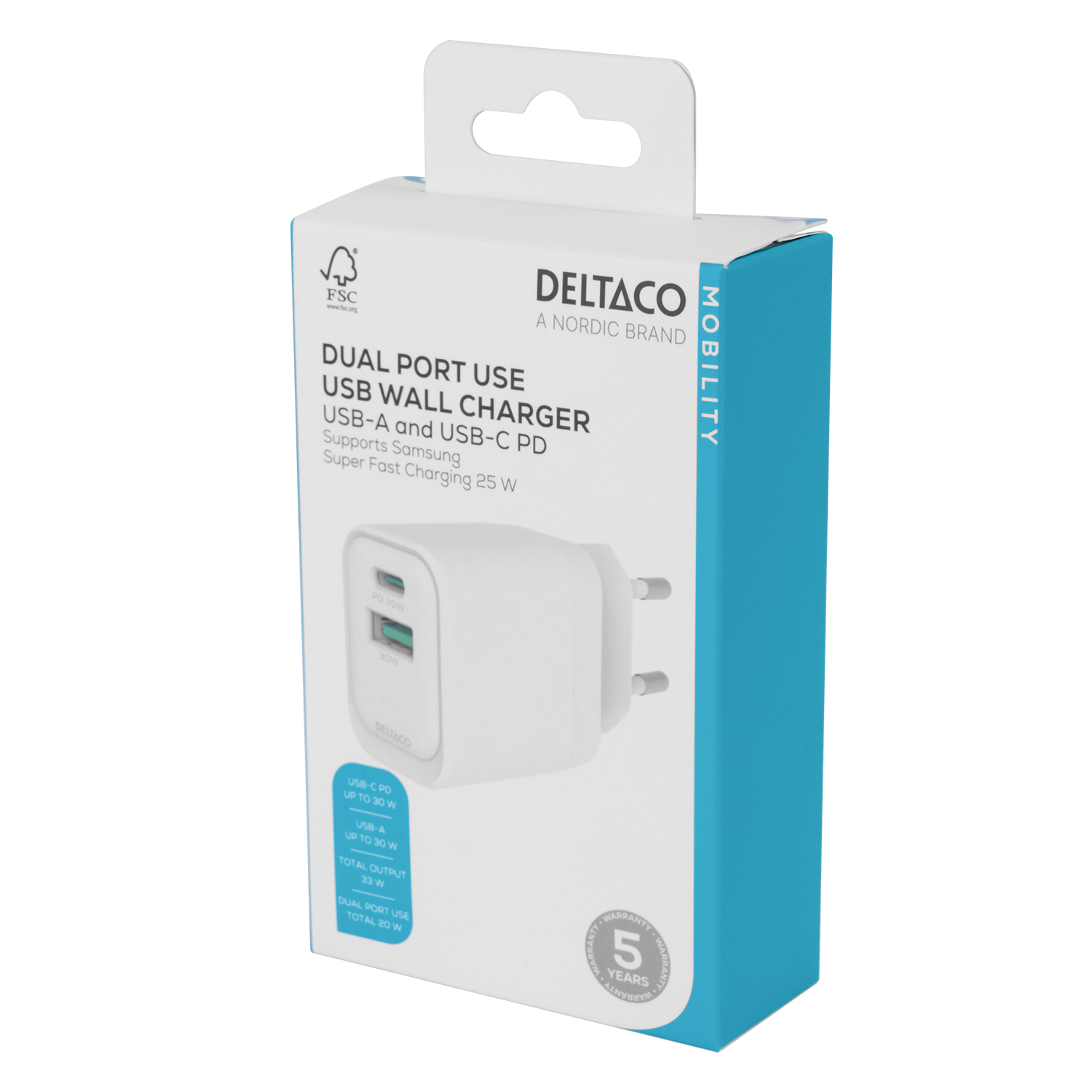 USB GaN wall charger 1x USB-A 18, W 1x USB-C PD 30 W, PPS Toissijaiskuva