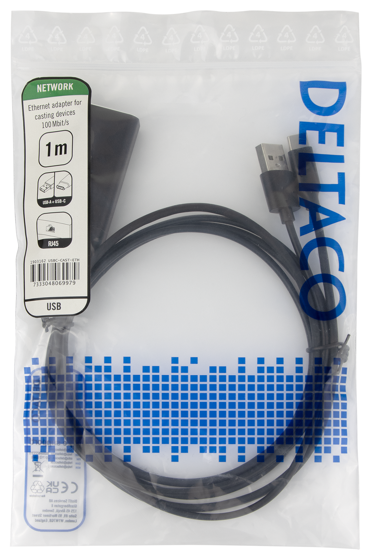 Ethernet adapter for casting devices, 1m, 100 Mbps, USB-A + USB-C, black Toissijaiskuva