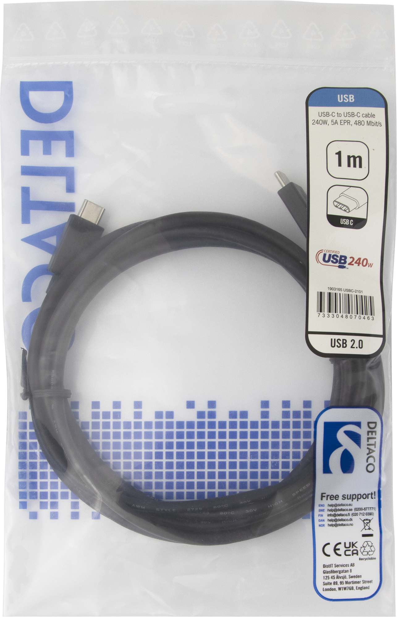 USB 2.0 charging cable, EPR 240W, 1,0m, black Toissijaiskuva