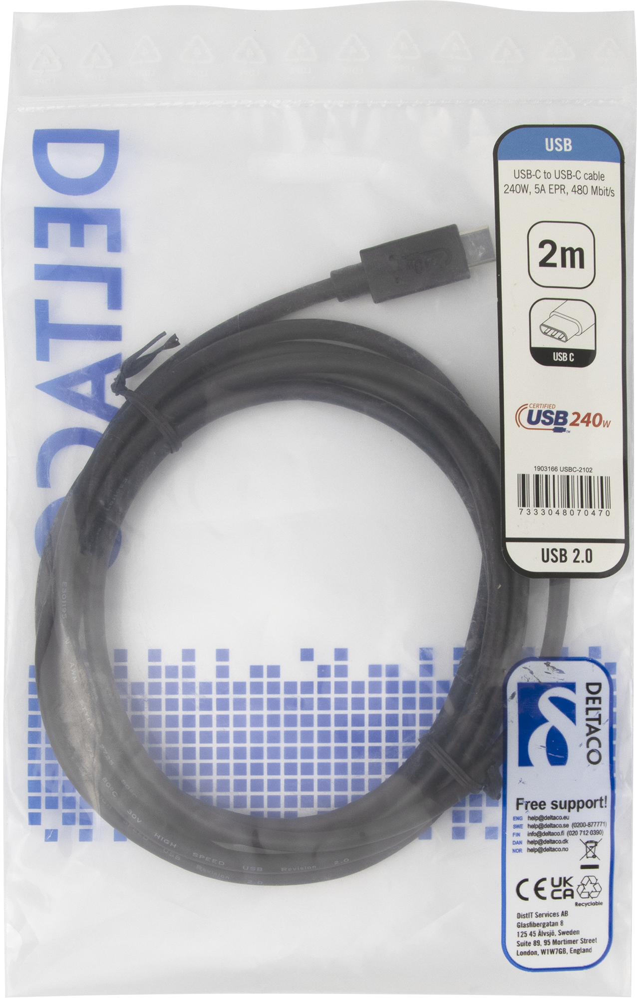 USB 2.0 charging cable, EPR 240W, 2,0m, black Toissijaiskuva