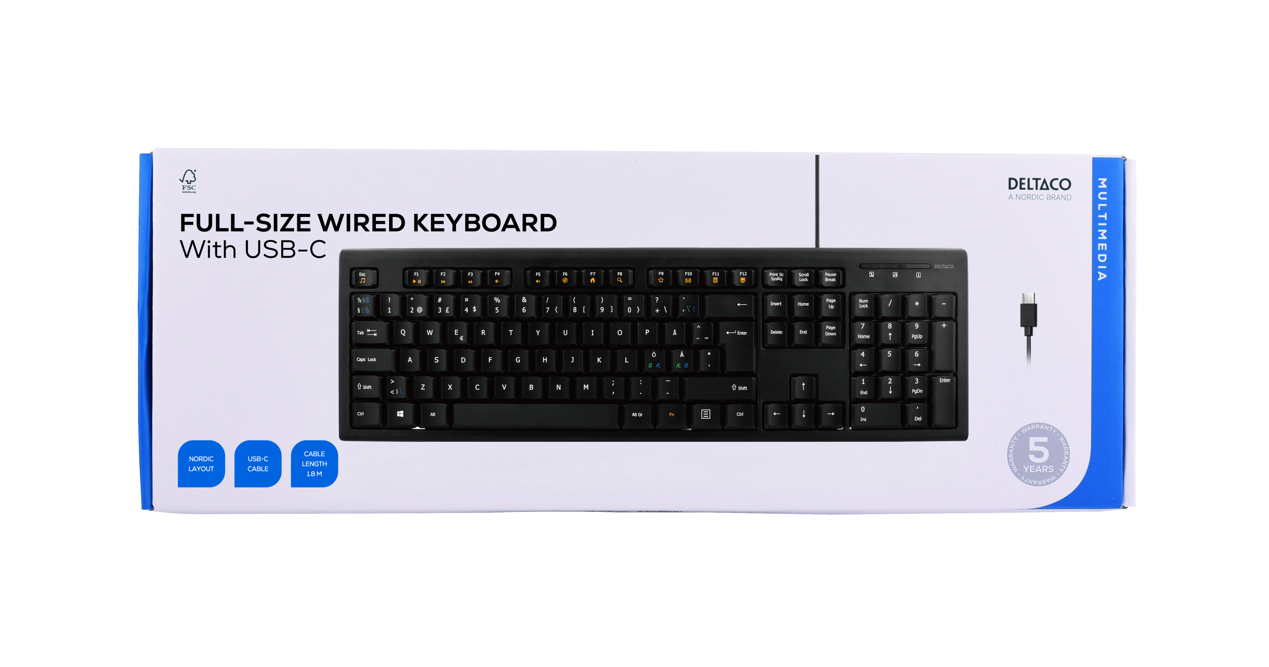 Fullsize wired USB-C Keyboard, 105 keys, USB-C 1.8m connection, 13 media keys Toissijaiskuva