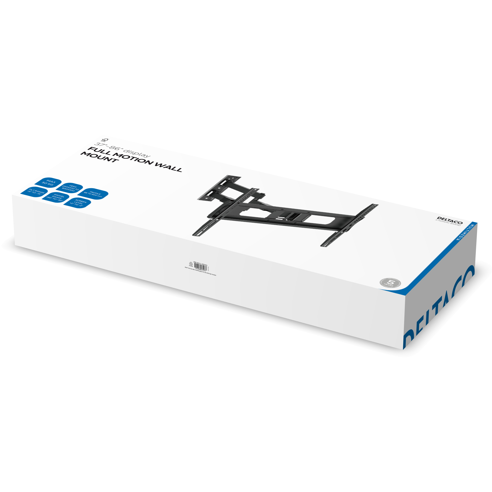 Wall mount, Full-motion 3-way, tilt, swivel, 37-86", 50 kg, black Toissijaiskuva