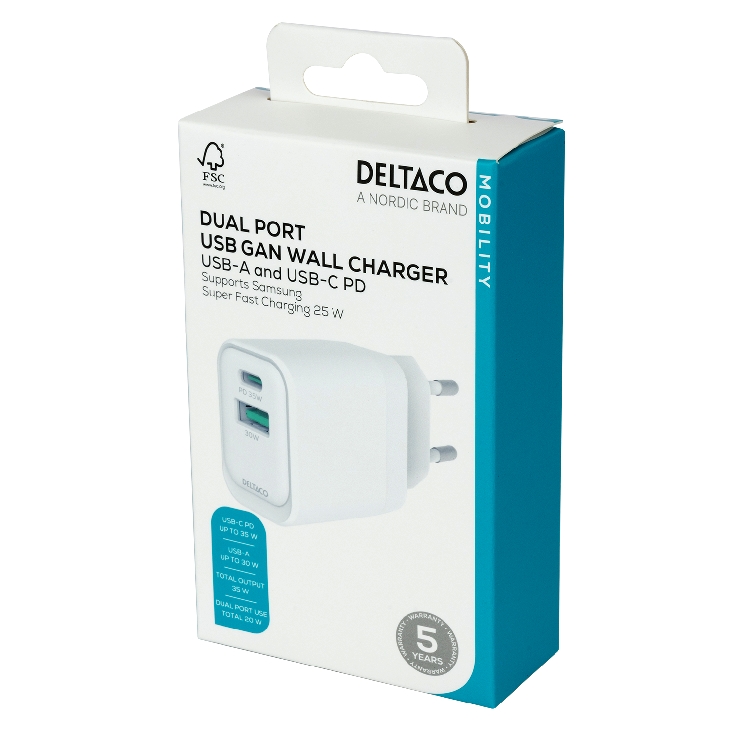 USB GaN wall charger 1x USB-A 30 W, 1x USB-C PD 35 W, PPS Toissijaiskuva