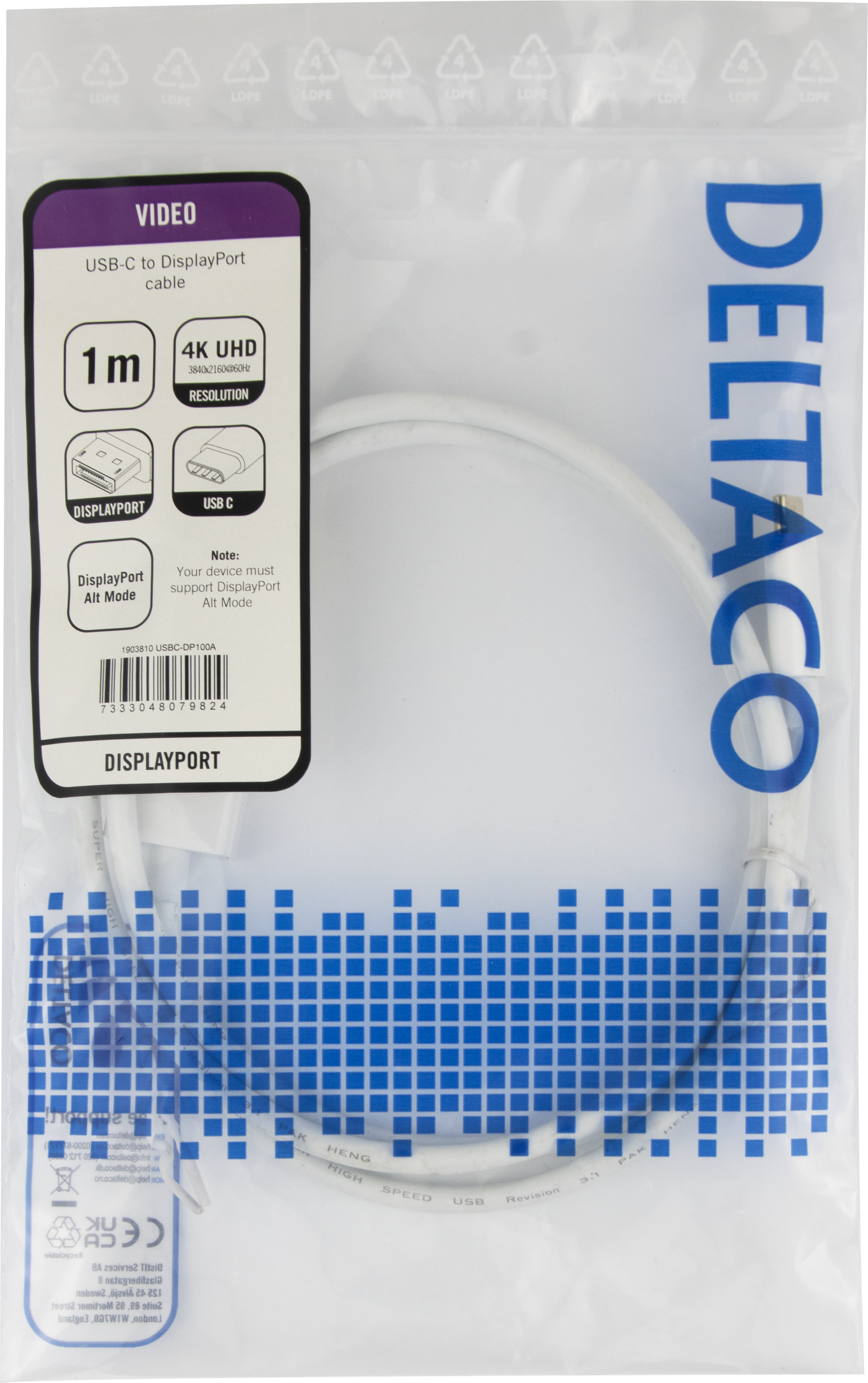 USB-C - DisplayPort cable, 4K UHD, gold plated, 1m, white Toissijaiskuva