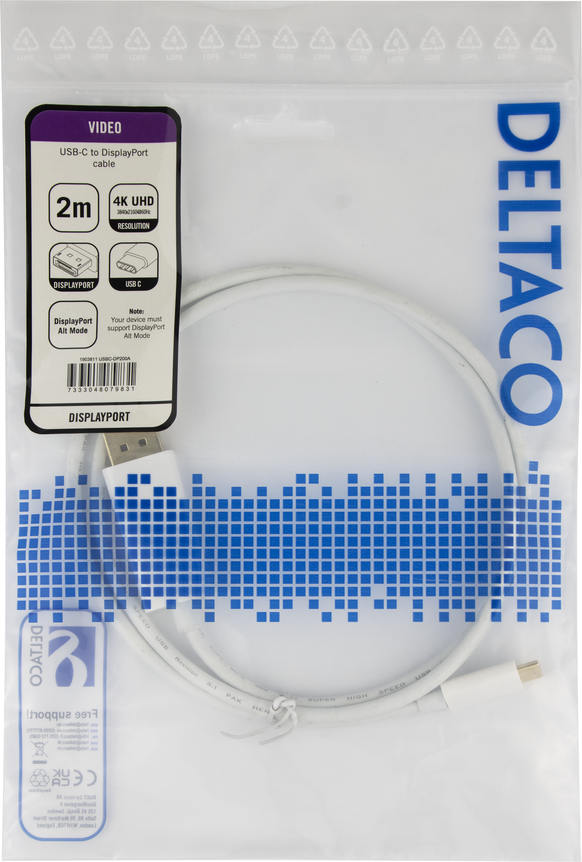 USB-C - DisplayPort cable, 4K UHD, gold plated, 2m, white Toissijaiskuva