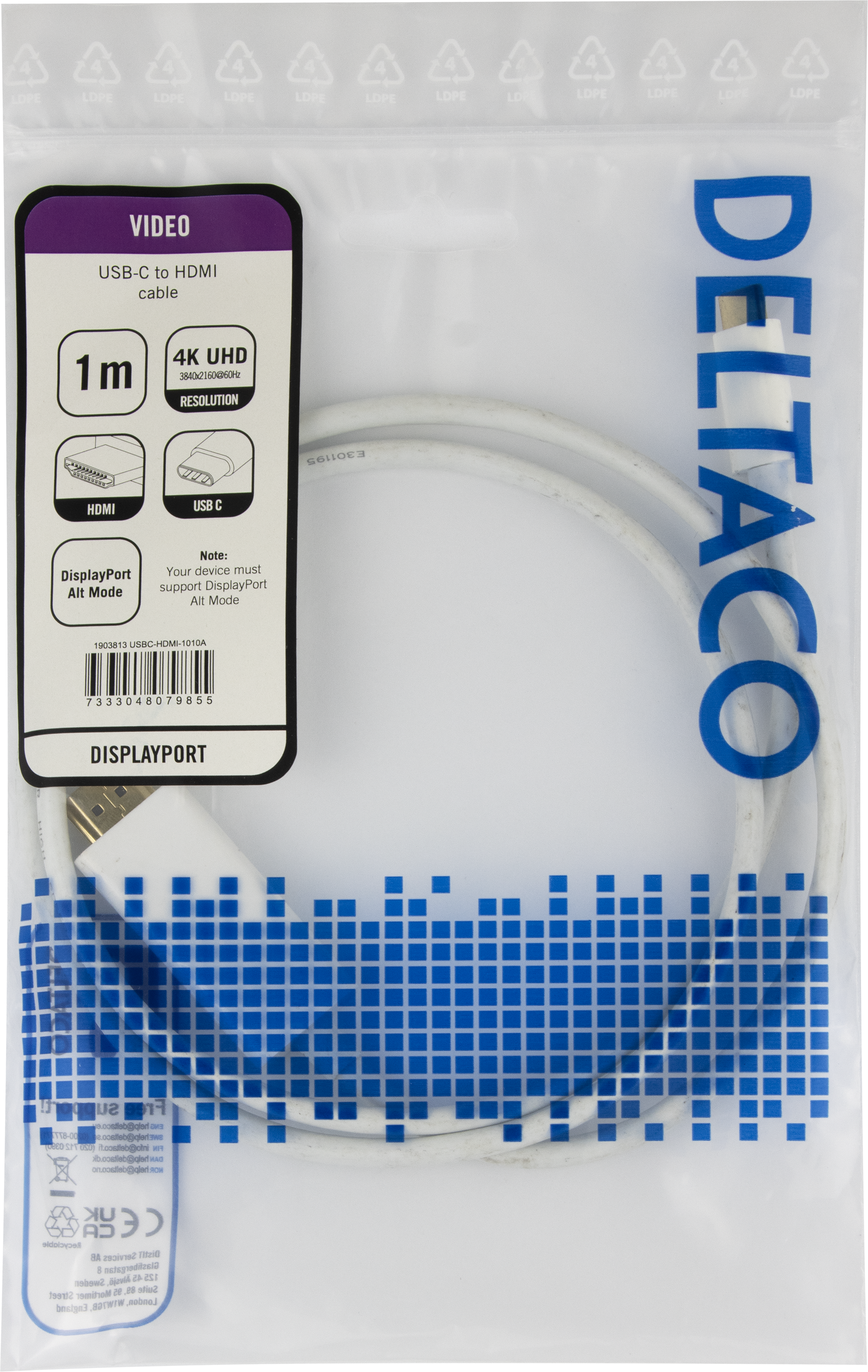 USB-C - HDMI cable, 4K UHD, gold plated, 1m, white Toissijaiskuva