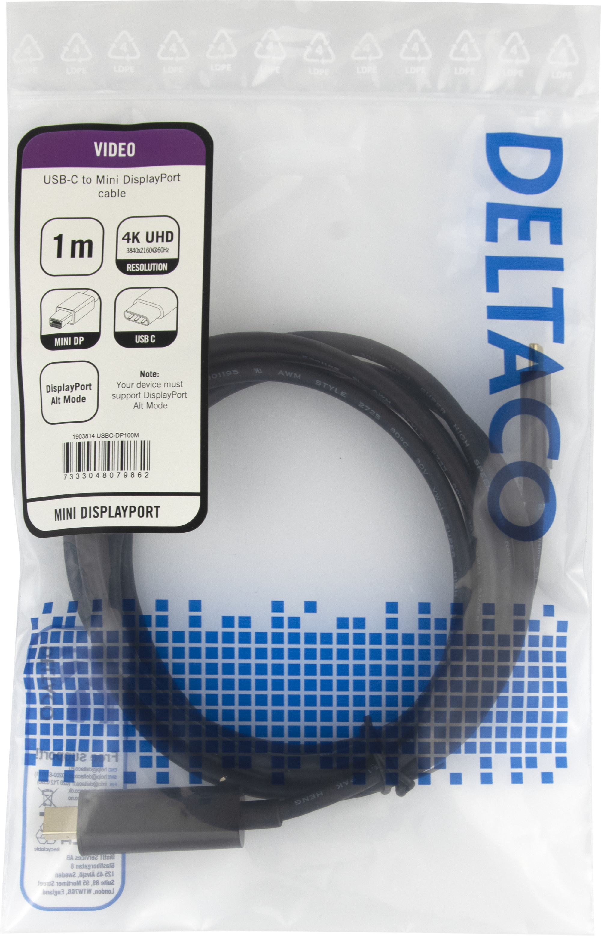 USB-C - miniDisplayPort cable 4K UHD gold plated 1m black Toissijaiskuva