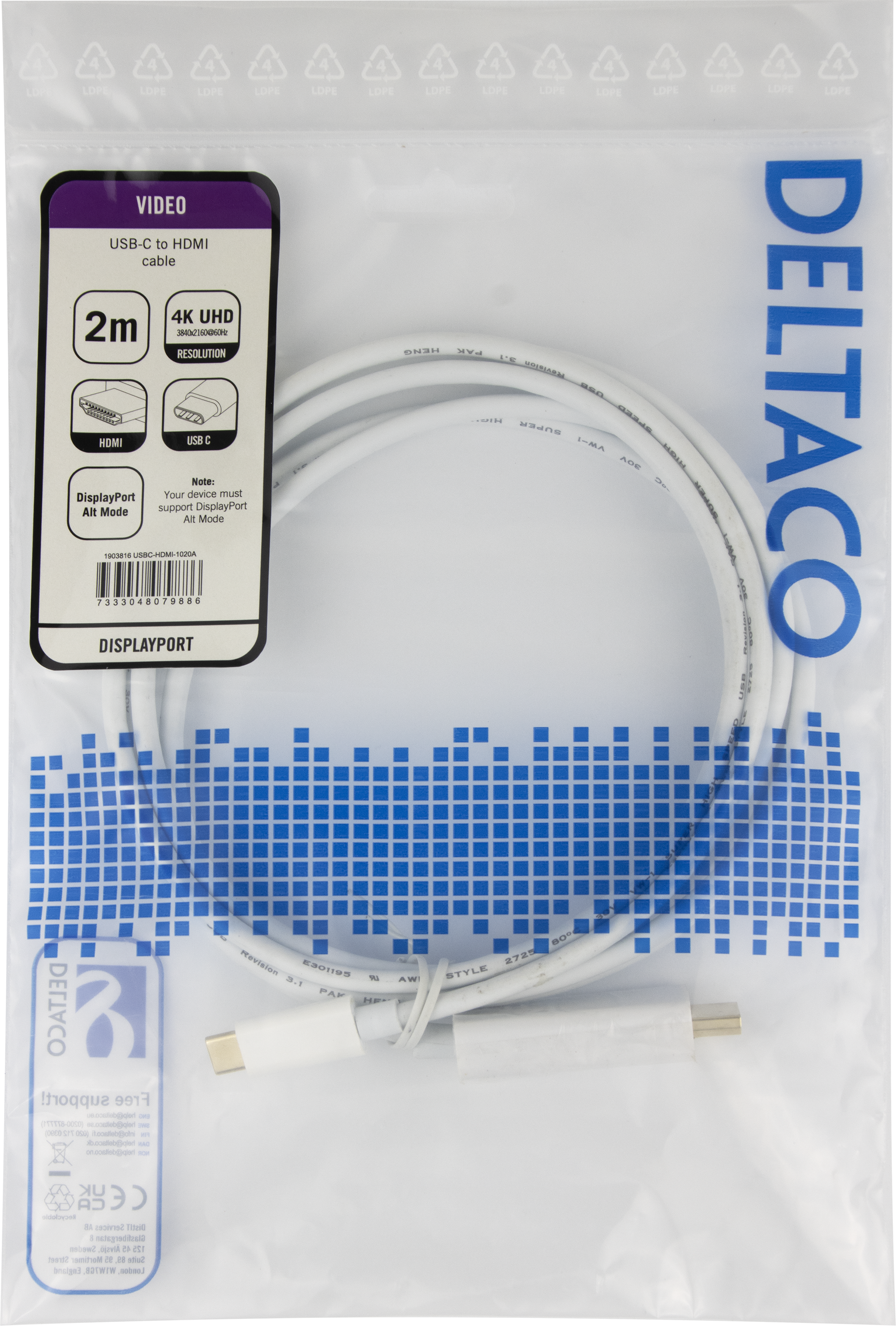 USB-C - HDMI cable, 4K UHD, gold plated, 2m, white Toissijaiskuva