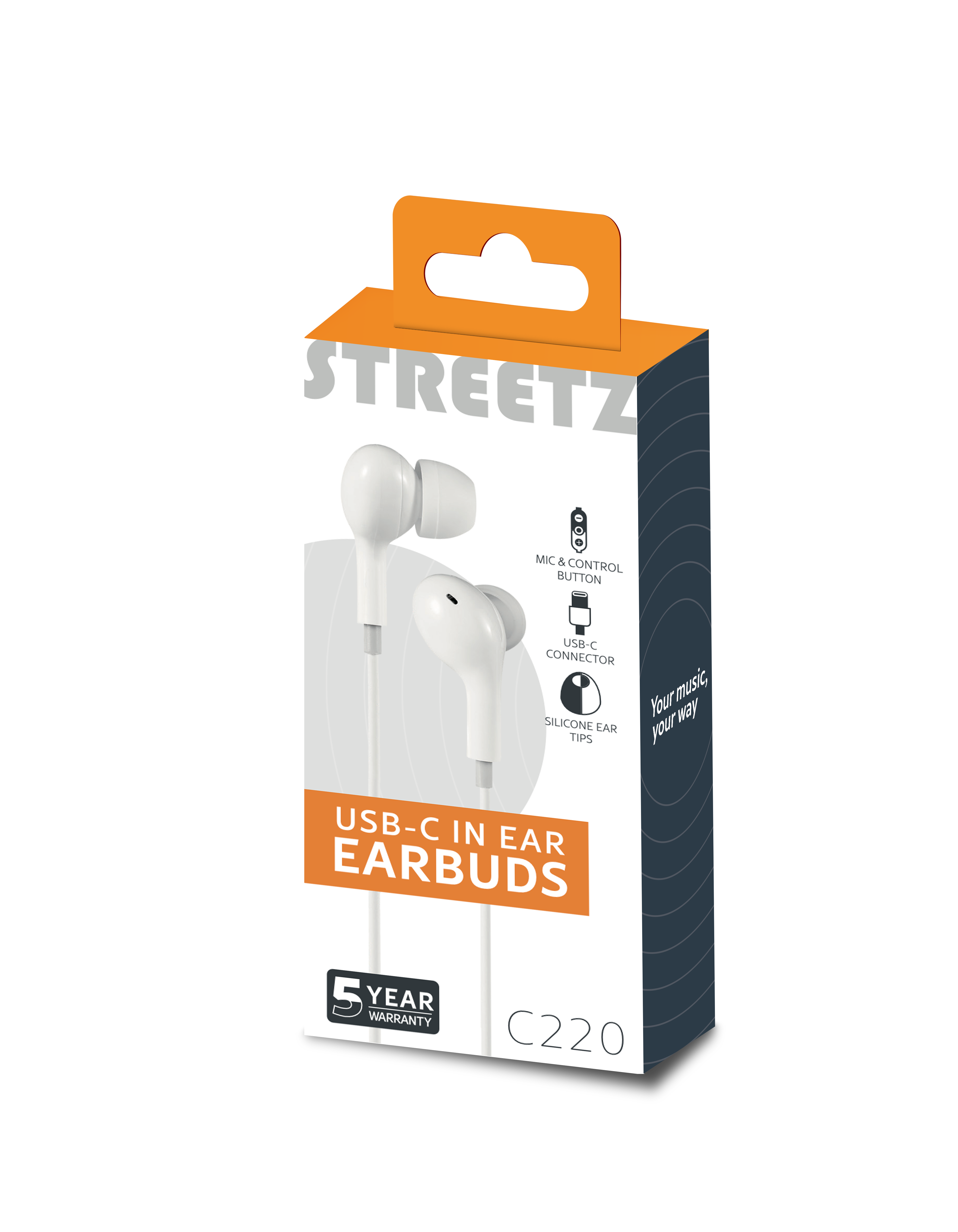 C220 In-ear earbuds, 3-button, USB-C, white Toissijaiskuva