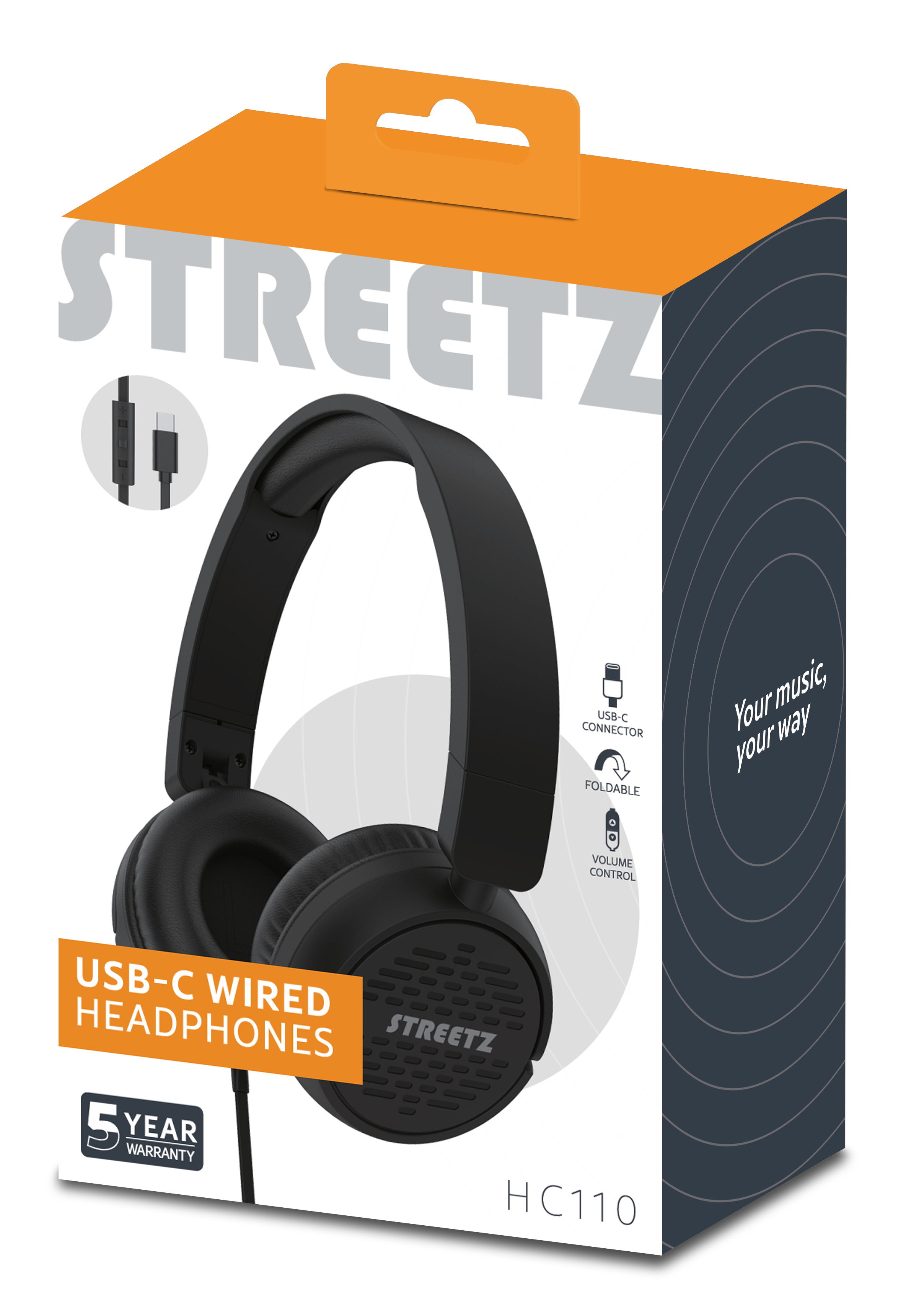 HC110 Headphones, foldable, volume control, USB-C, black Toissijaiskuva