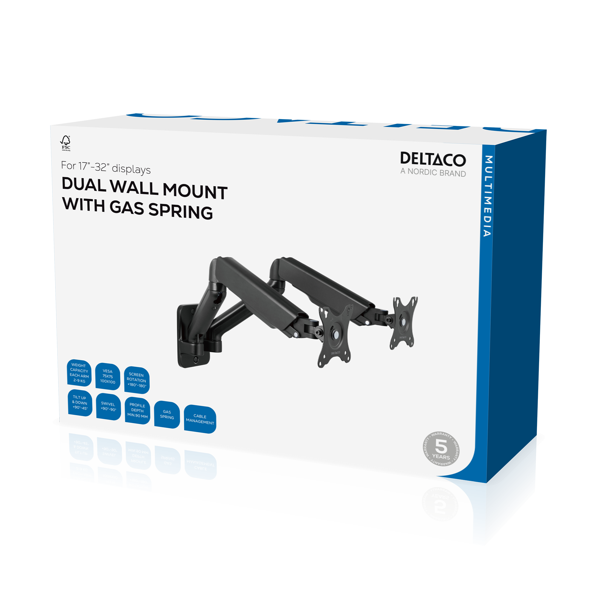 Kahden näytön seinävarsi, kaasujousi, 17" - 32", VESA Toissijaiskuva