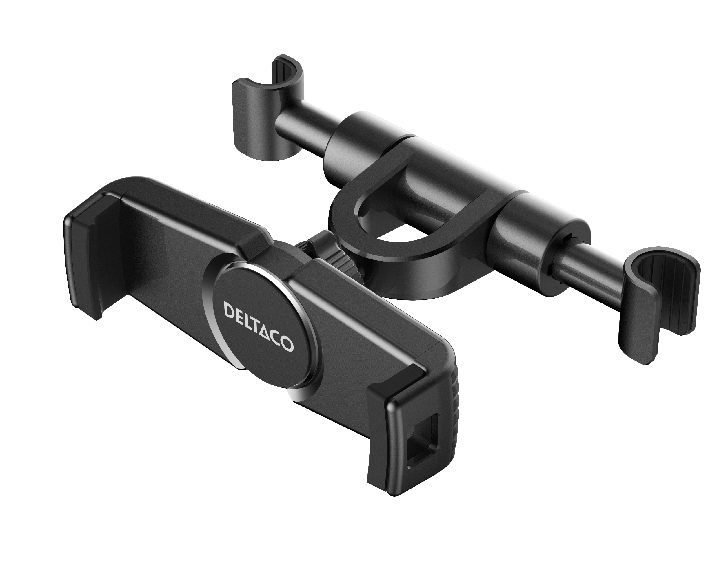 Yleiskäyttöinen kiinnitin auton niskatukeen matkapuhelimille ja tableteille, musta Toissijaiskuva