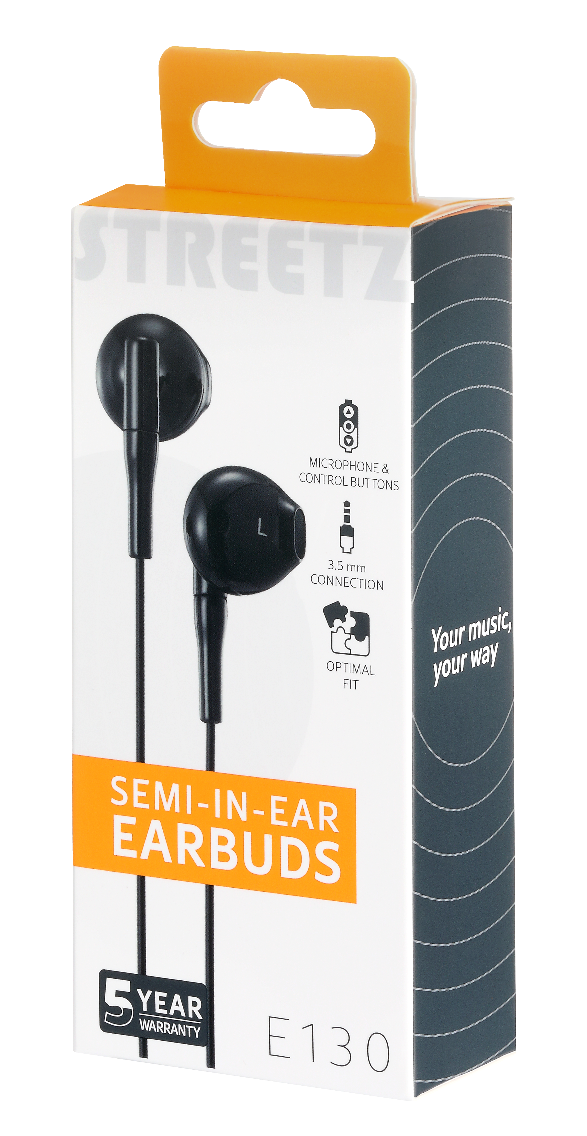 E130 Semi-in-ear earbuds, answer button, 3.5mm, mic, black Toissijaiskuva