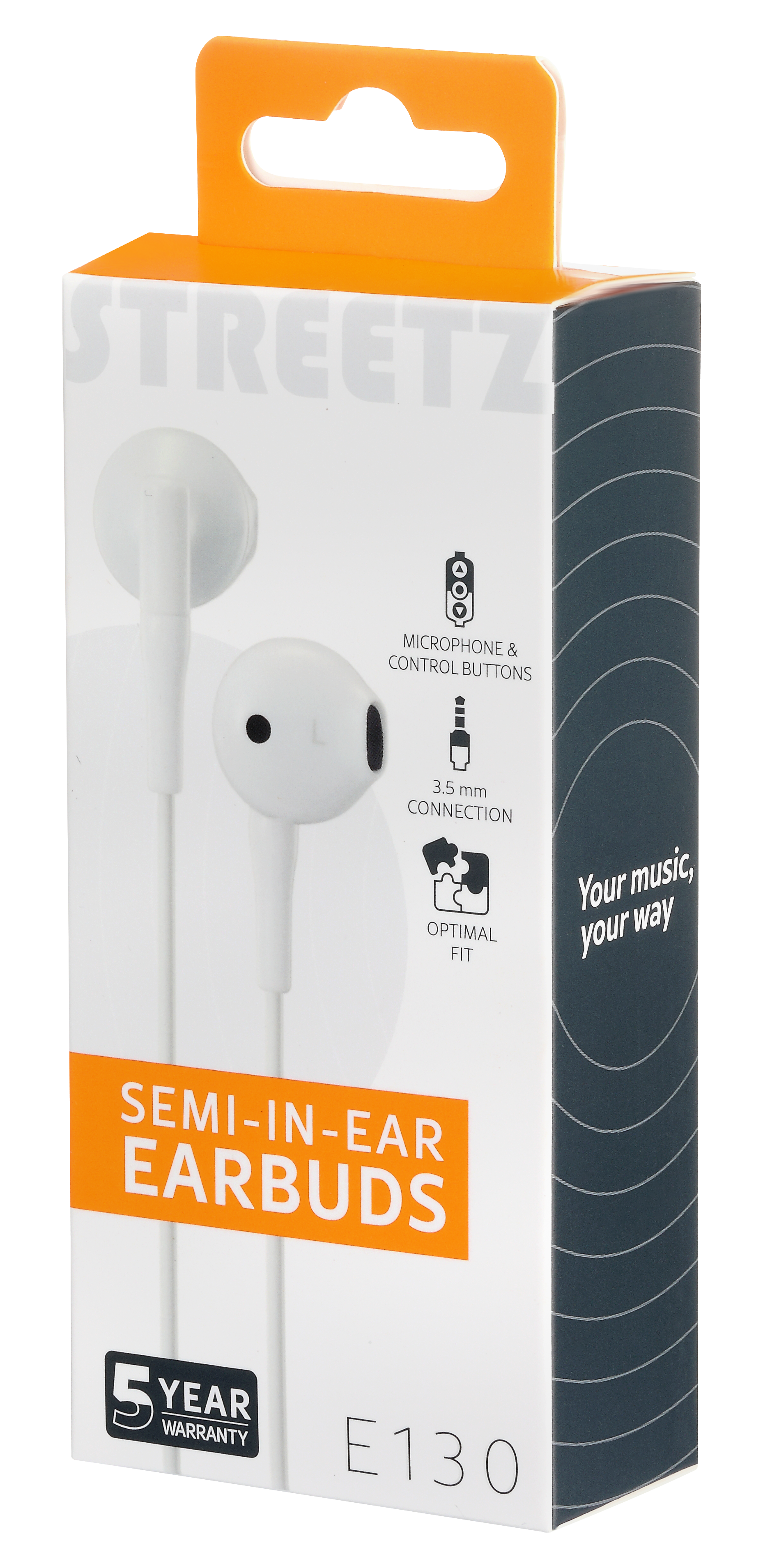E130 Semi-in-ear earbuds, answer button, 3.5mm, mic, white Toissijaiskuva