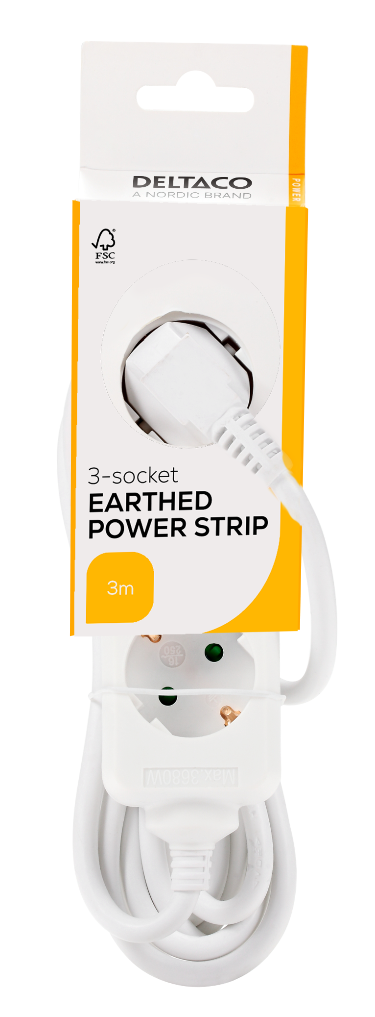Earthed power strip with 3 sockets, 3 m, white Toissijaiskuva