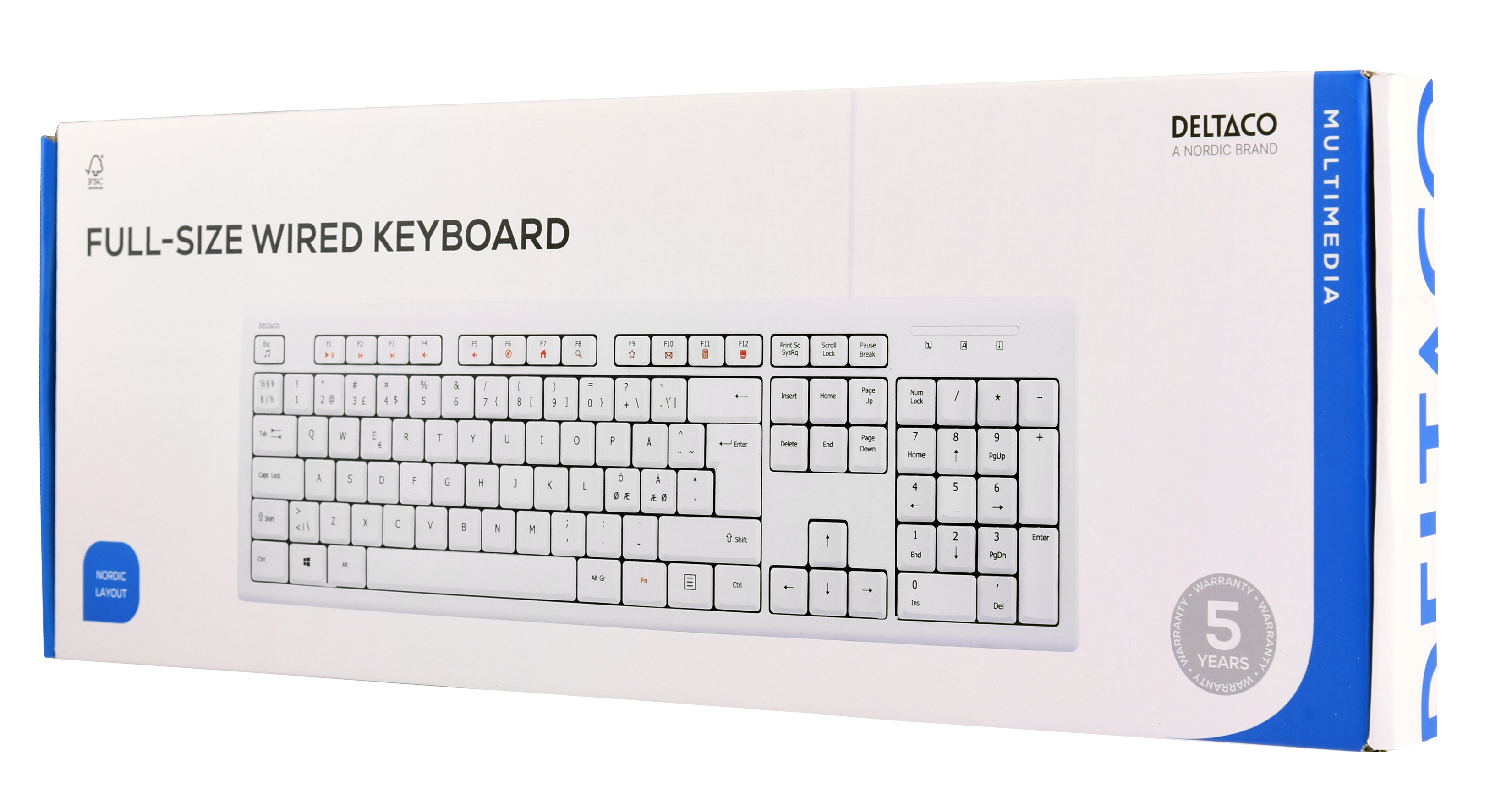 Näppäimistö, pohjoismainen asettelu, USB, 1,1m kaapeli, valk Toissijaiskuva