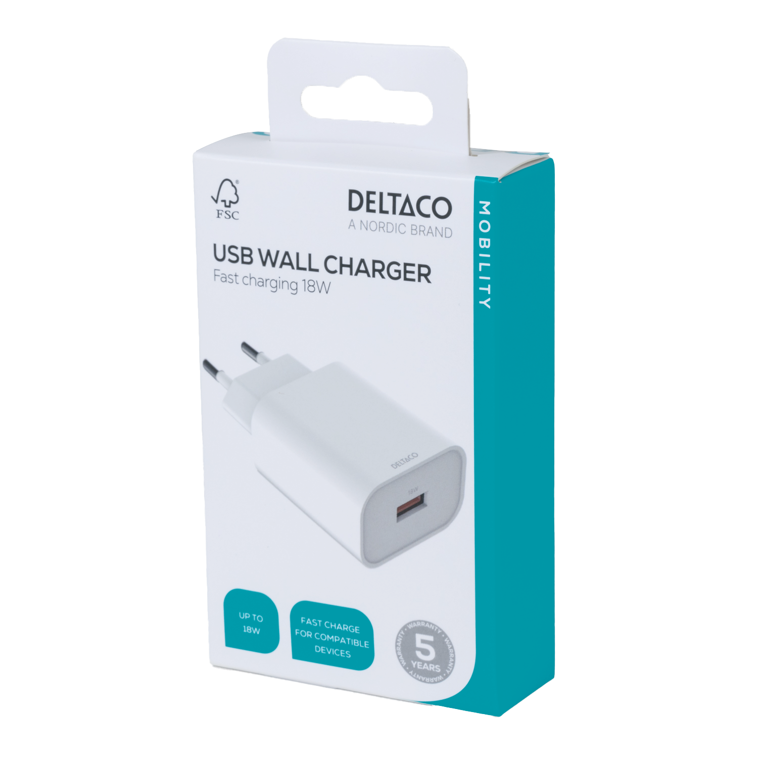 USB wall charger, 1x USB-A, fast charging 18 W, white Toissijaiskuva