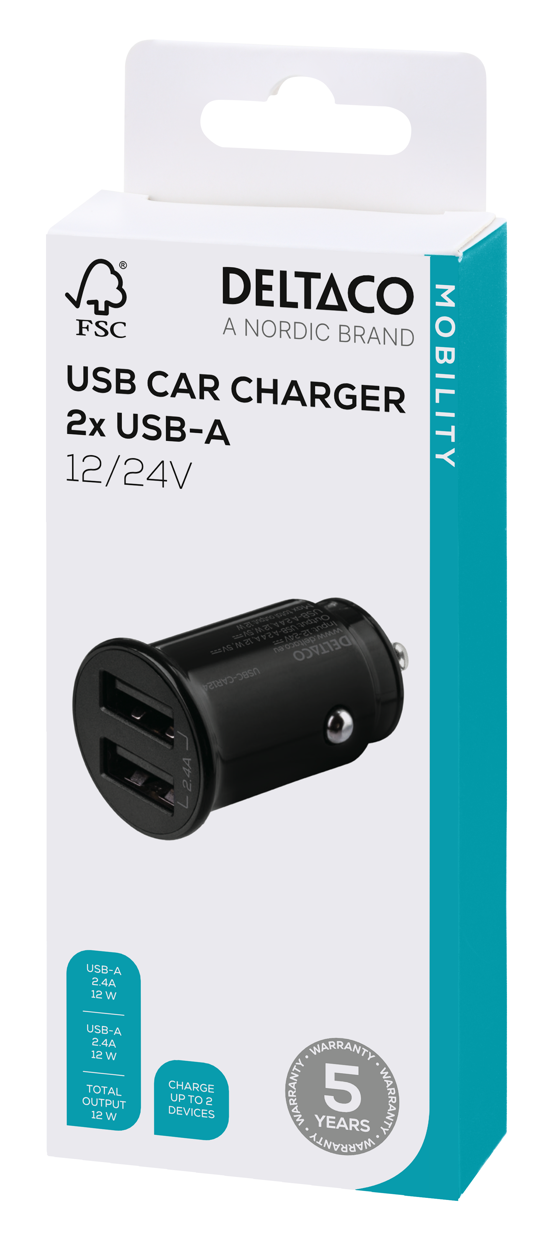 Kompakti USB-autolaturi, 12V/24V, 2x USB-A, 2,4A, 12W, musta Toissijaiskuva