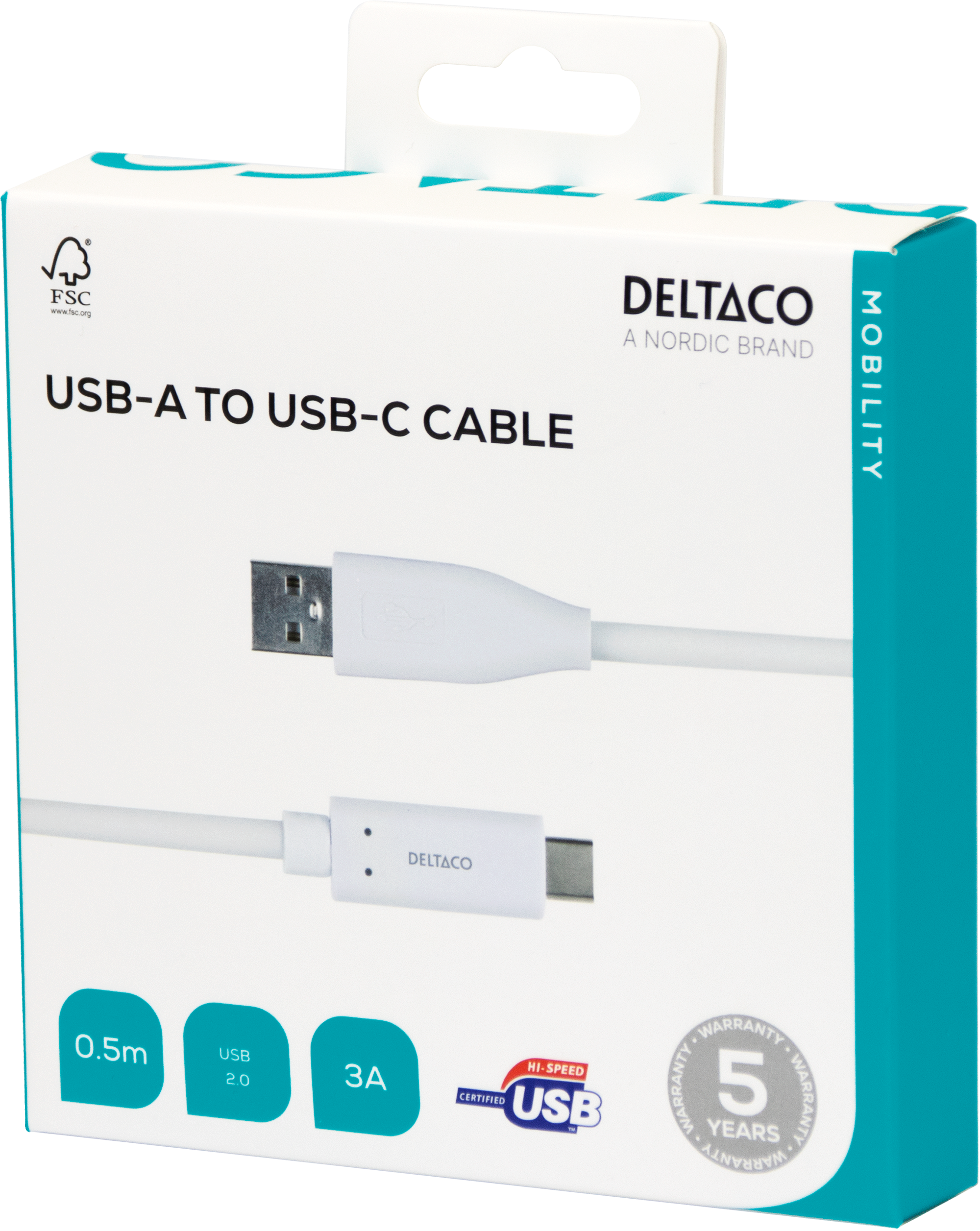 USB-C - USB-A-kaapeli, 0,5m, 3A, USB 2.0, valkoinen Toissijaiskuva