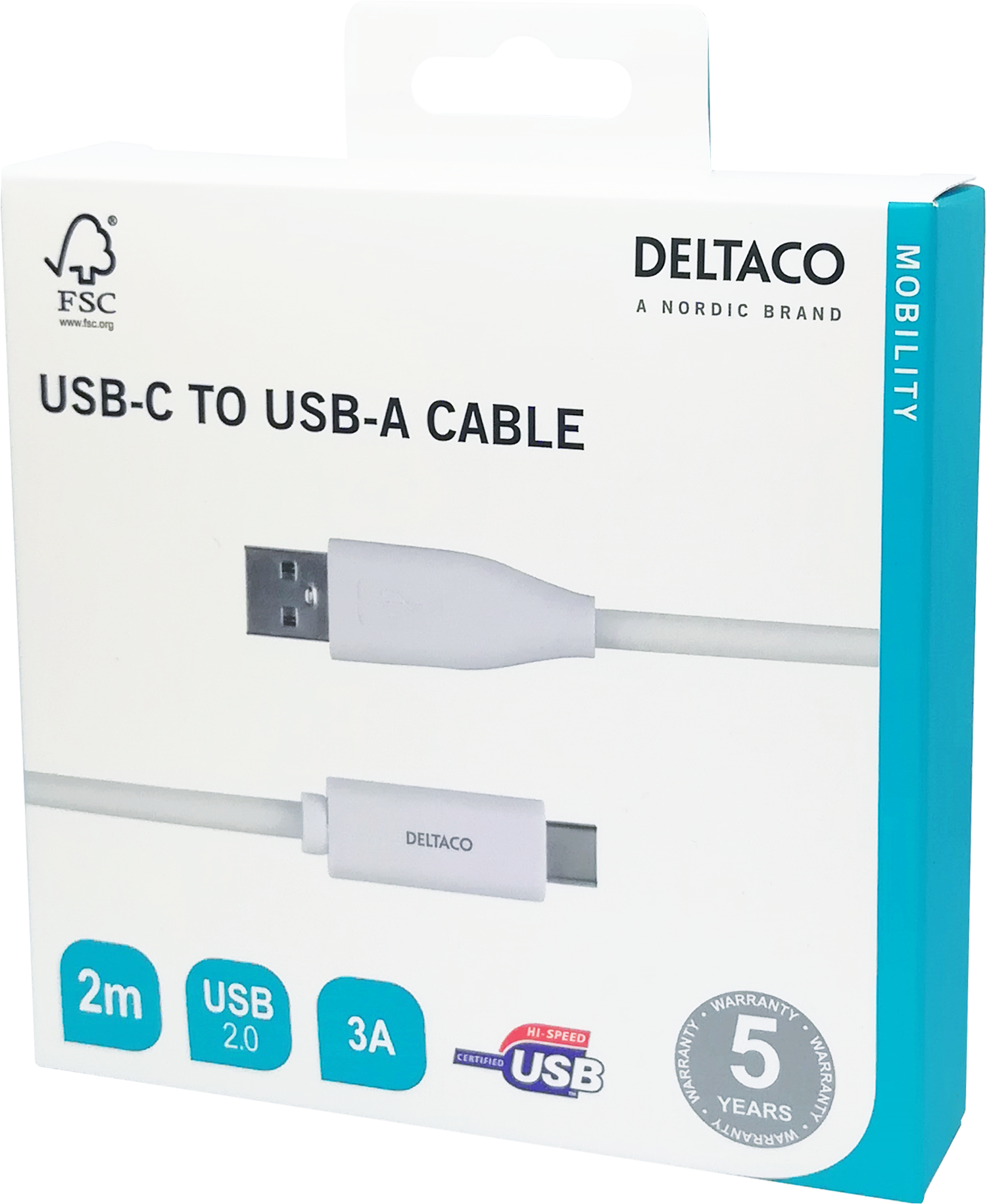 USB-C - USB-A-kaapeli, 2m, 3A, USB 2.0, valkoinen Toissijaiskuva