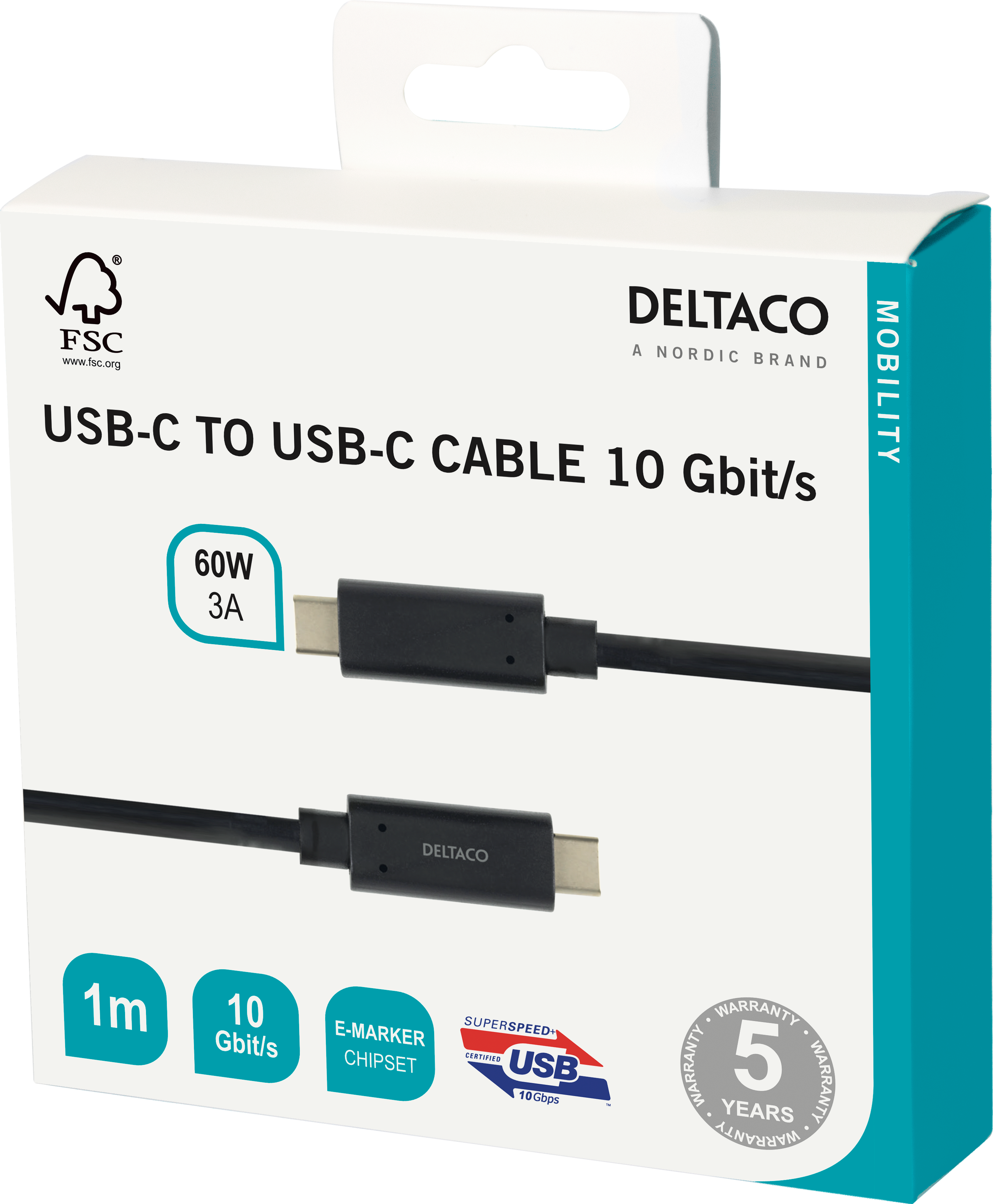 USB-C-kaapeli, 1m, USB 3.1 Gen 2, 10Gbps, 60W, musta Toissijaiskuva