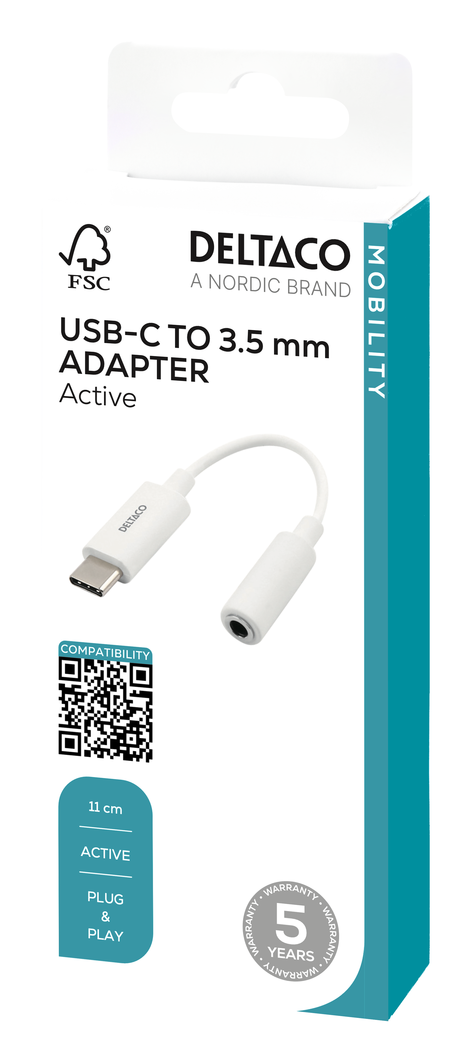 Sovitin USB-C - 3,5mm, stereoääni, aktiivinen, 11cm, valkoinen Toissijaiskuva