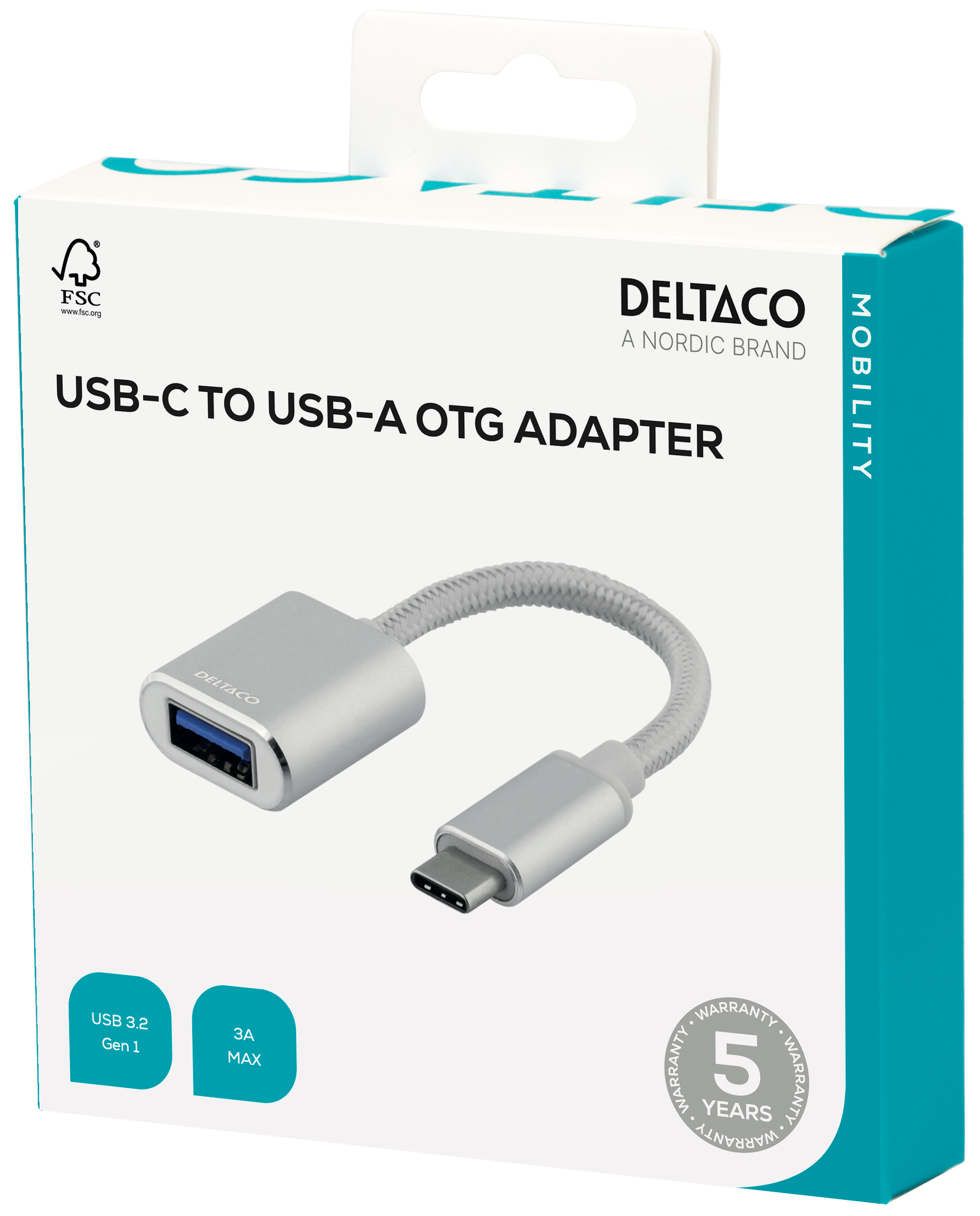 Sovitin USB-C 3.1 Gen 1 - USB-A OTG, alum., myyntipakk., hopea Toissijaiskuva